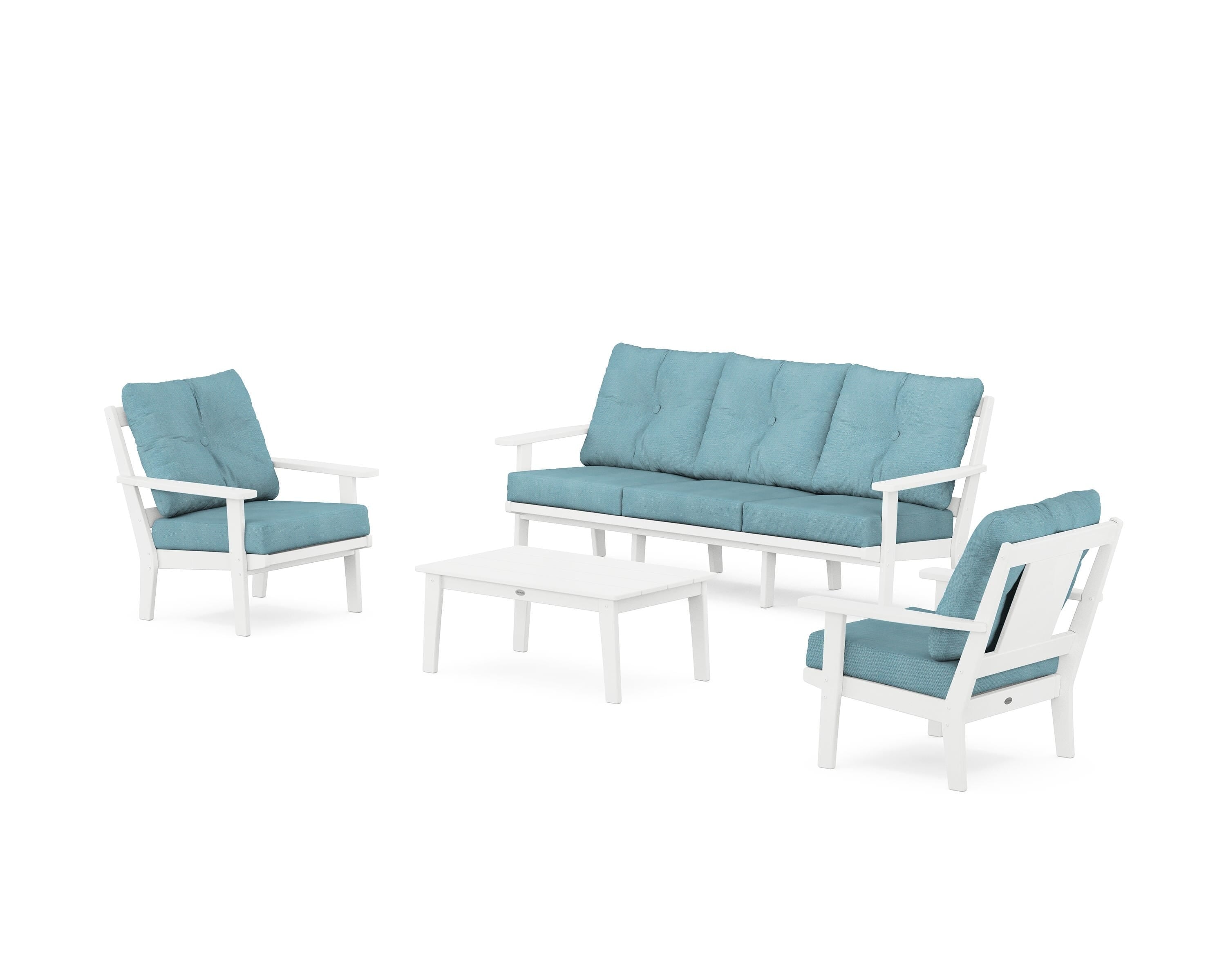 POLYWOOD Prairie 4-Piece Deep Seating Set with Sofa in White / Lattice Sky Blue