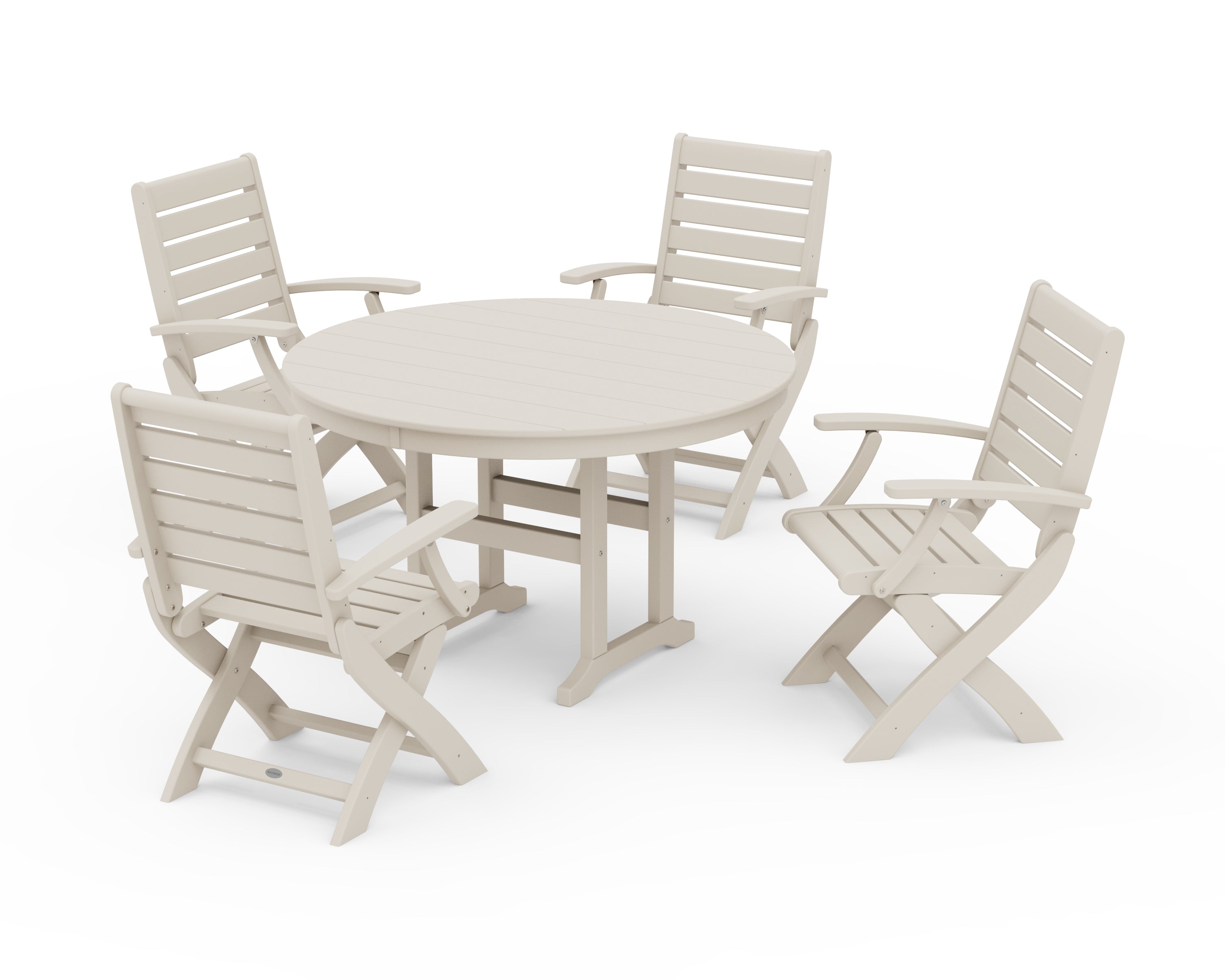 POLYWOOD Signature Folding Chair 5-Piece Round Farmhouse Dining Set in Sand