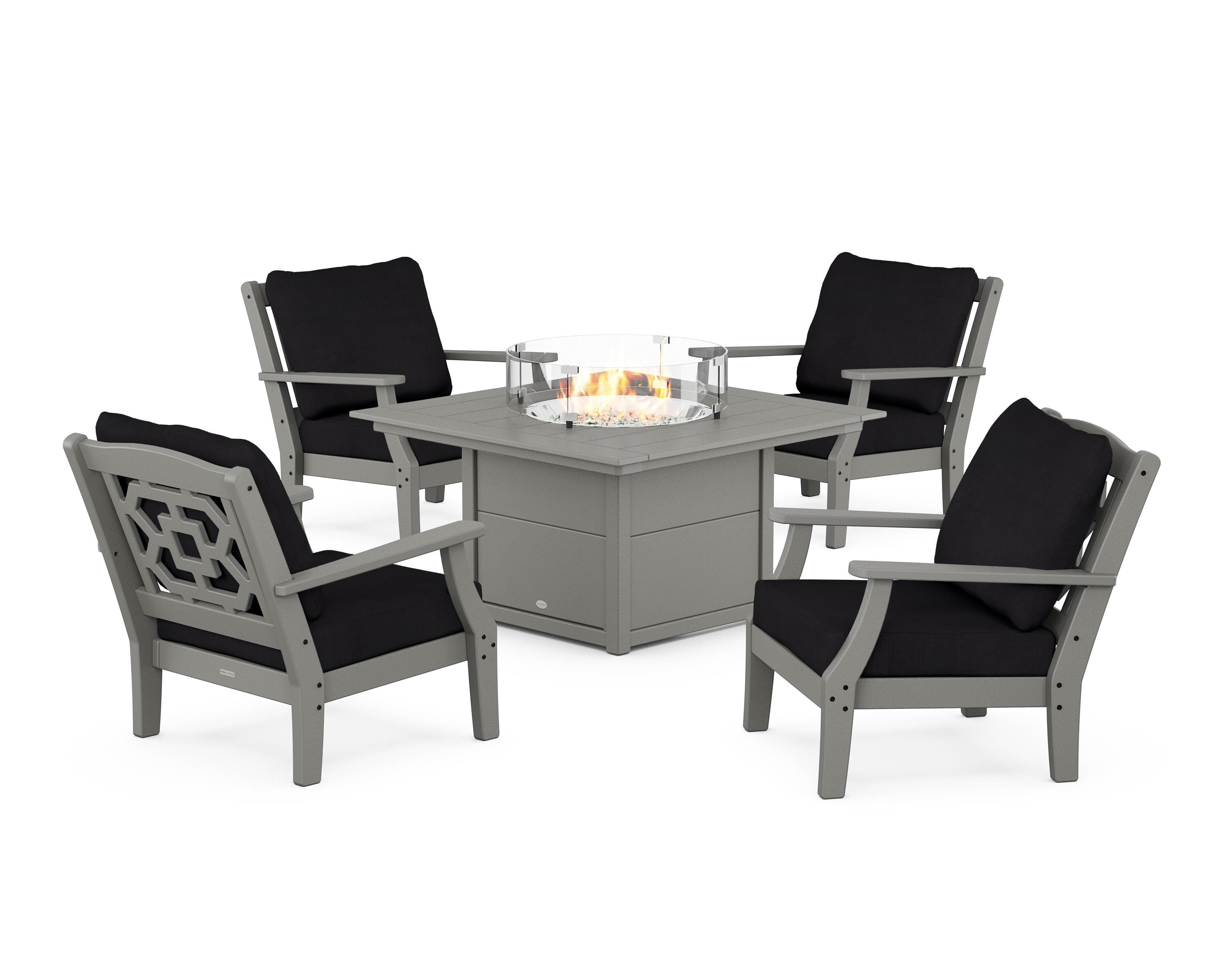 Martha Stewart by POLYWOOD Chinoiserie 5-Piece Deep Seating Set with Fire Pit Table in Slate Grey / Midnight Linen