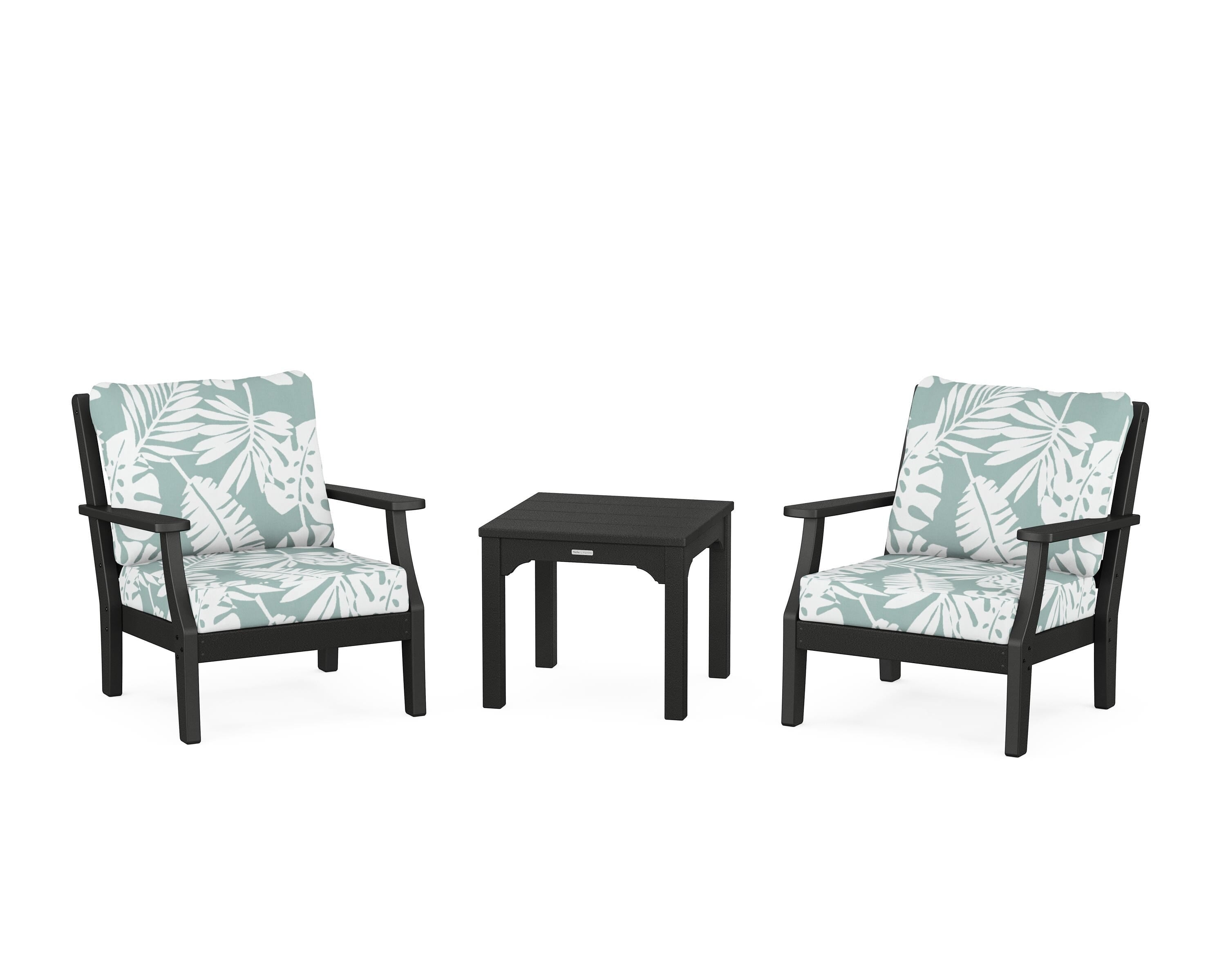Martha Stewart by POLYWOOD Chinoiserie 3-Piece Deep Seating Set in Black / Leaf Glacier Spa