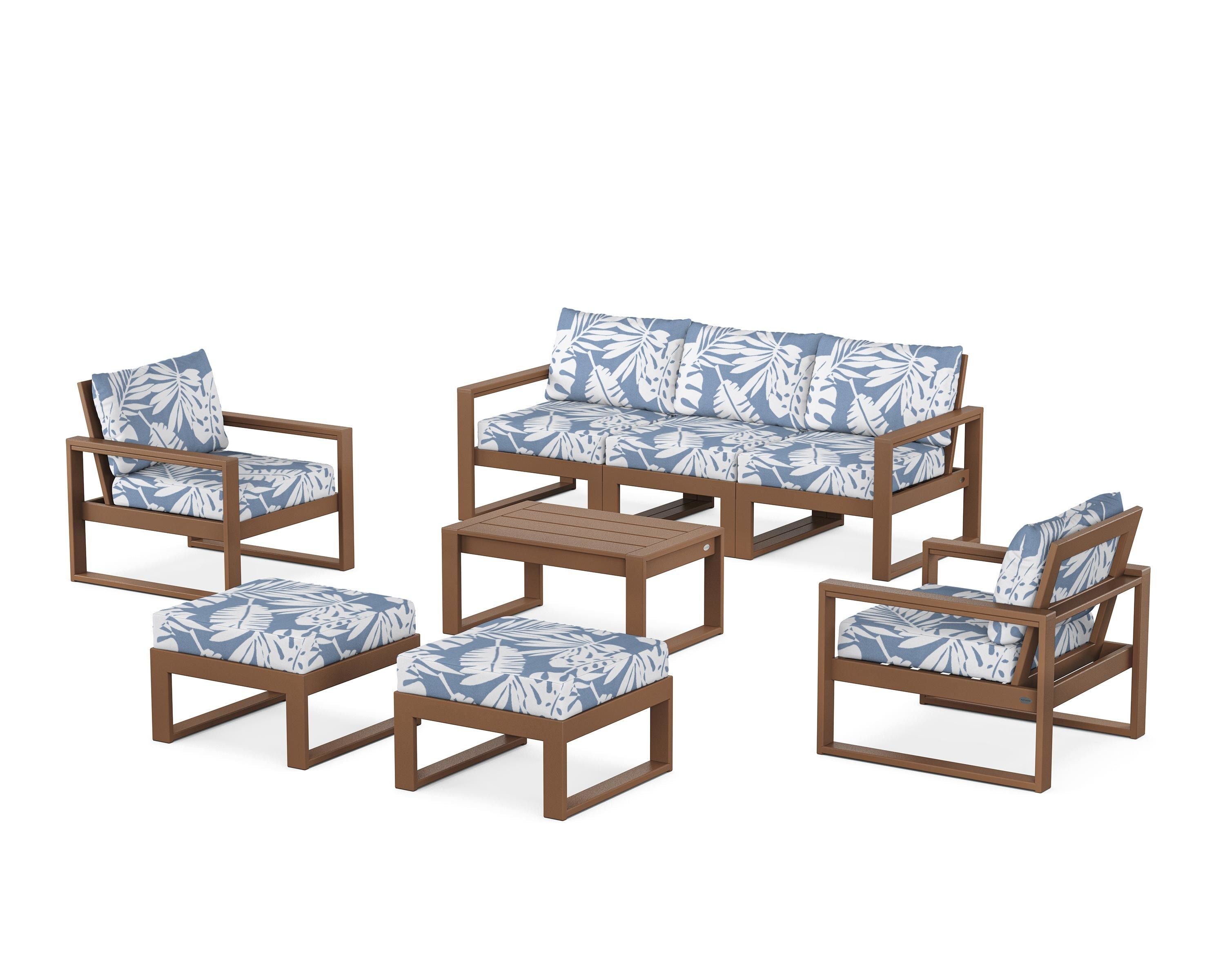 POLYWOOD EDGE Sectional 8-Piece Lounge Sofa Set in Teak / Leaf Sky Blue