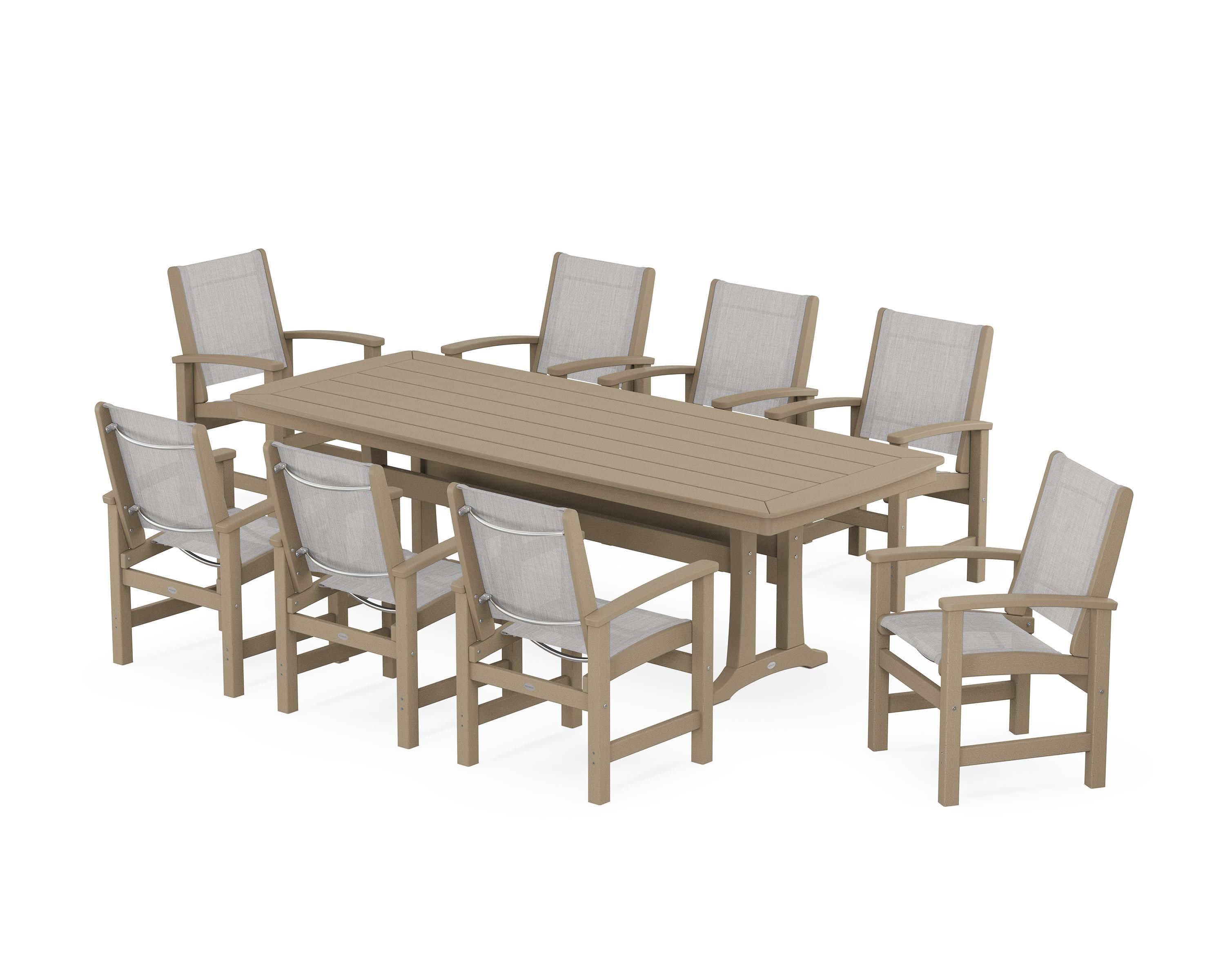 POLYWOOD Coastal 9-Piece Dining Set with Trestle Legs in Vintage Sahara / Parchment Sling