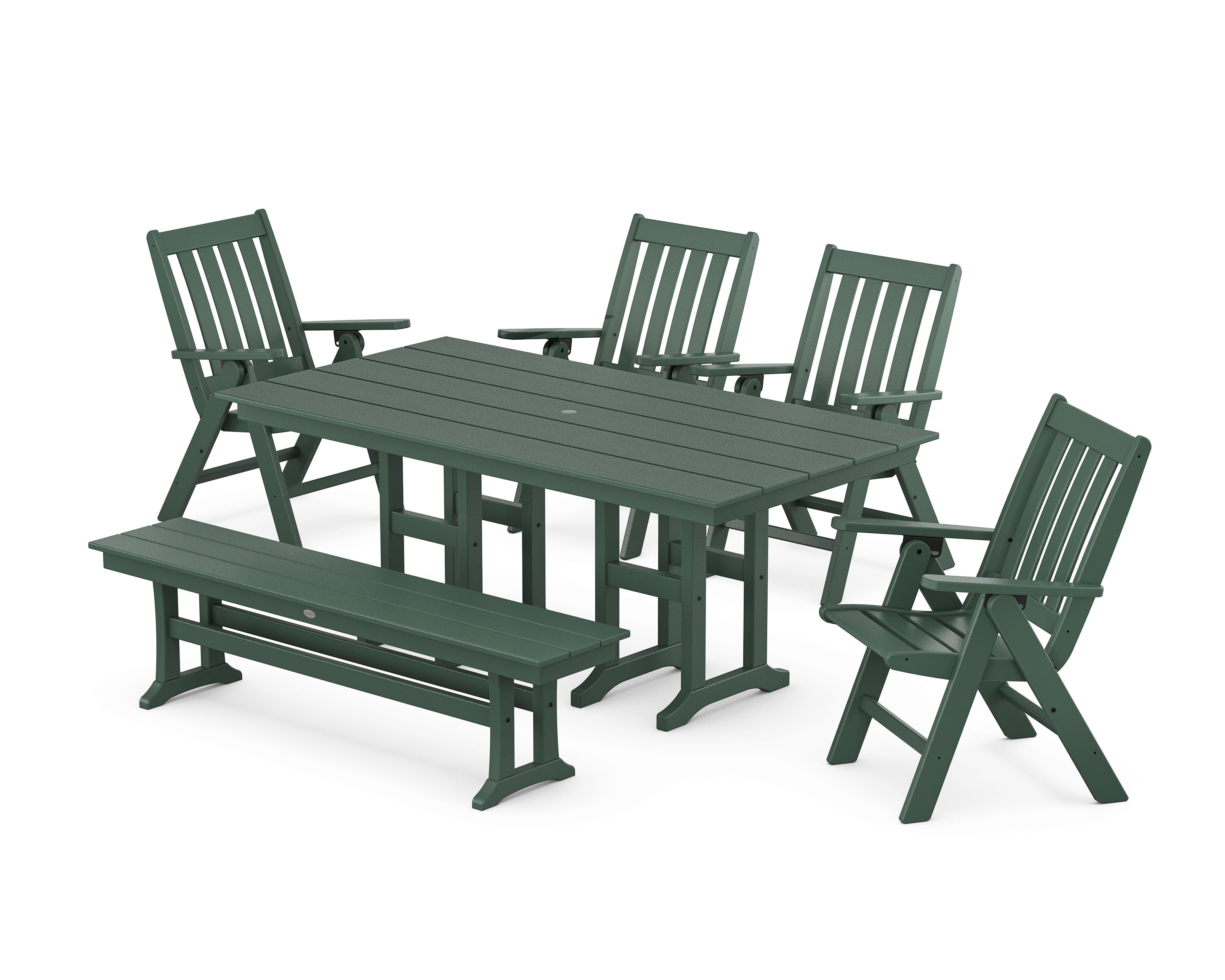POLYWOOD Vineyard Folding Chair 6-Piece Farmhouse Dining Set with Bench in Green