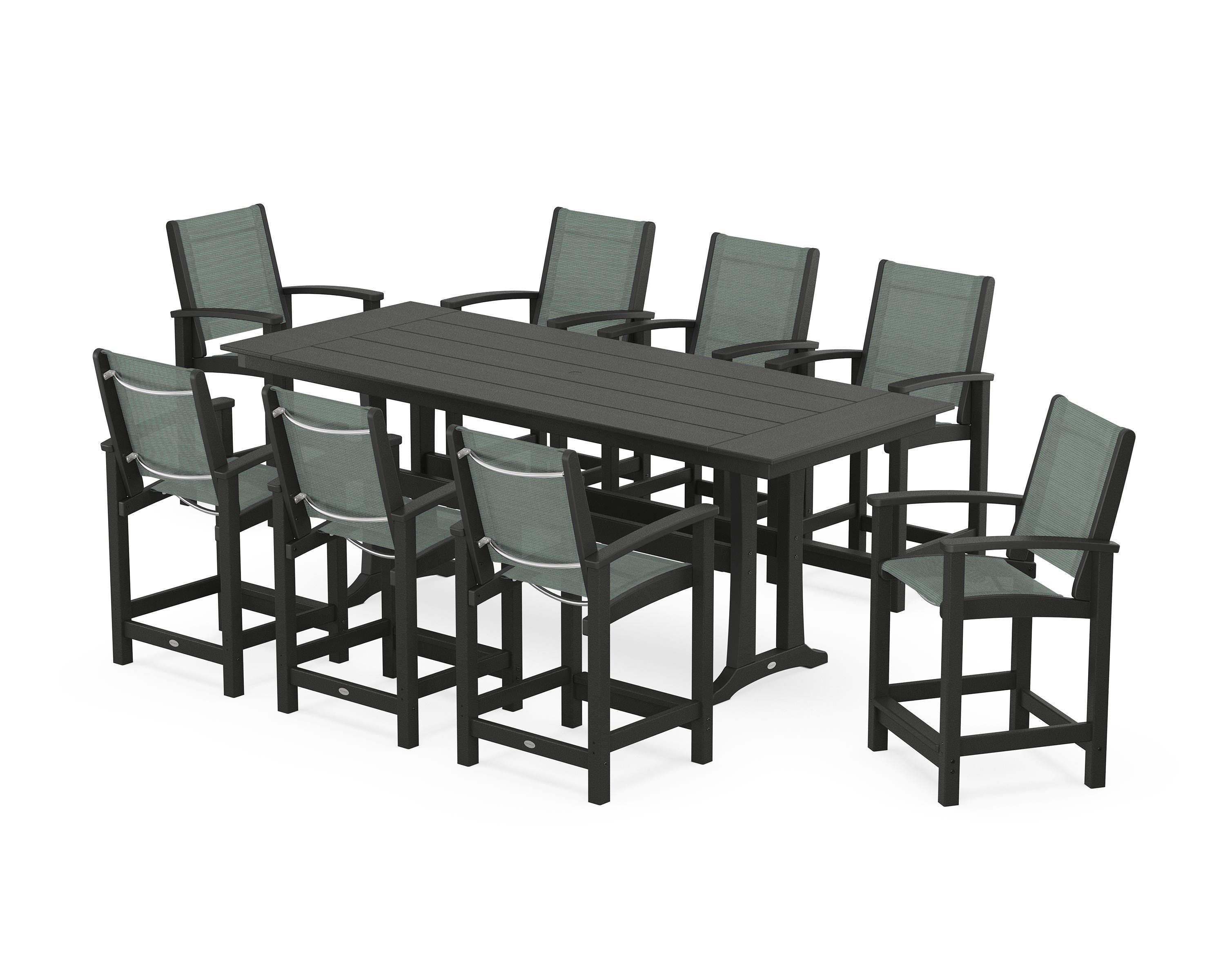 POLYWOOD Coastal 9-Piece Farmhouse Counter Set with Trestle Legs in Black / Dupioni Sea Mist Sling