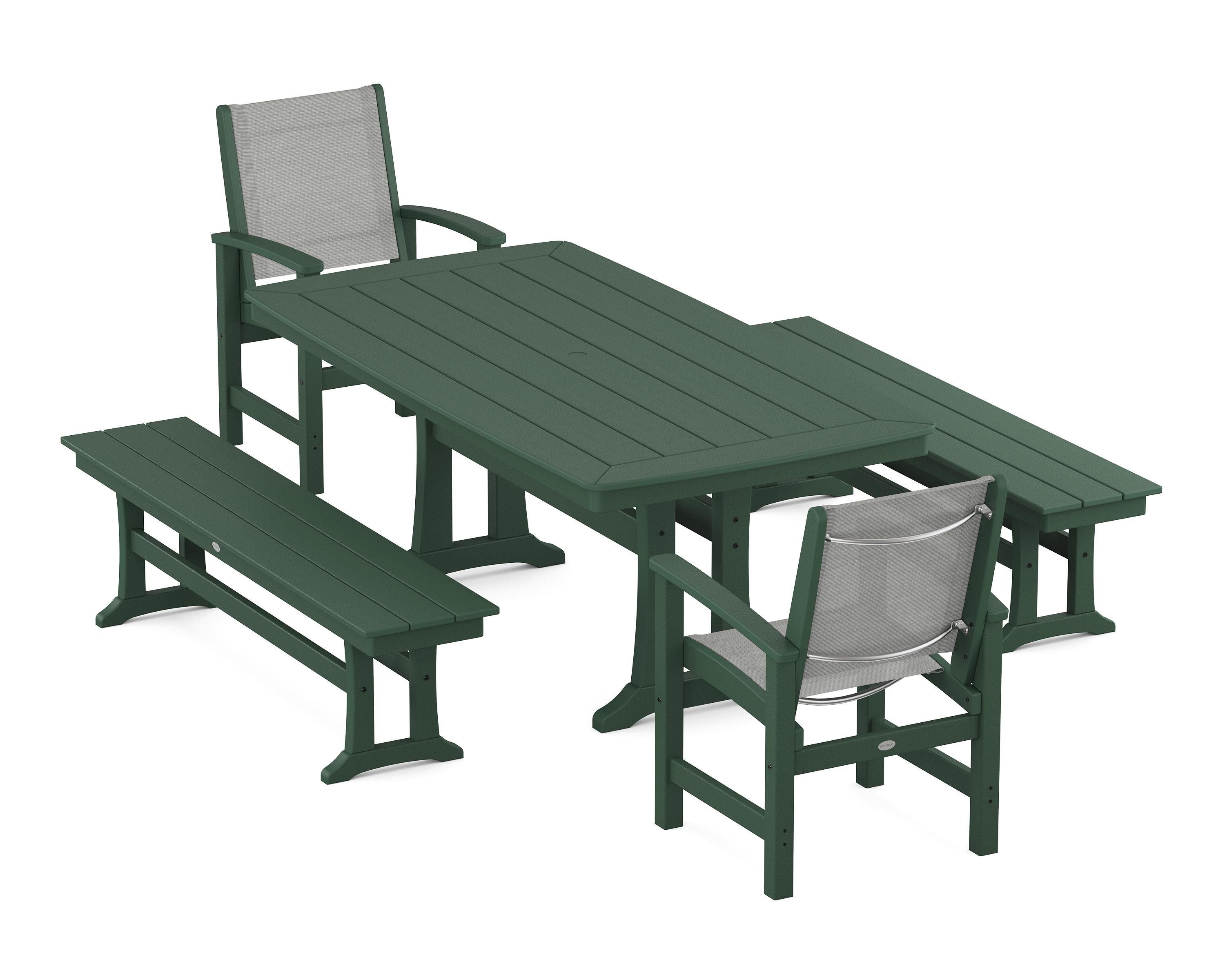 POLYWOOD Coastal 5-Piece Dining Set with Trestle Legs and Benches in Green / Metallic Sling