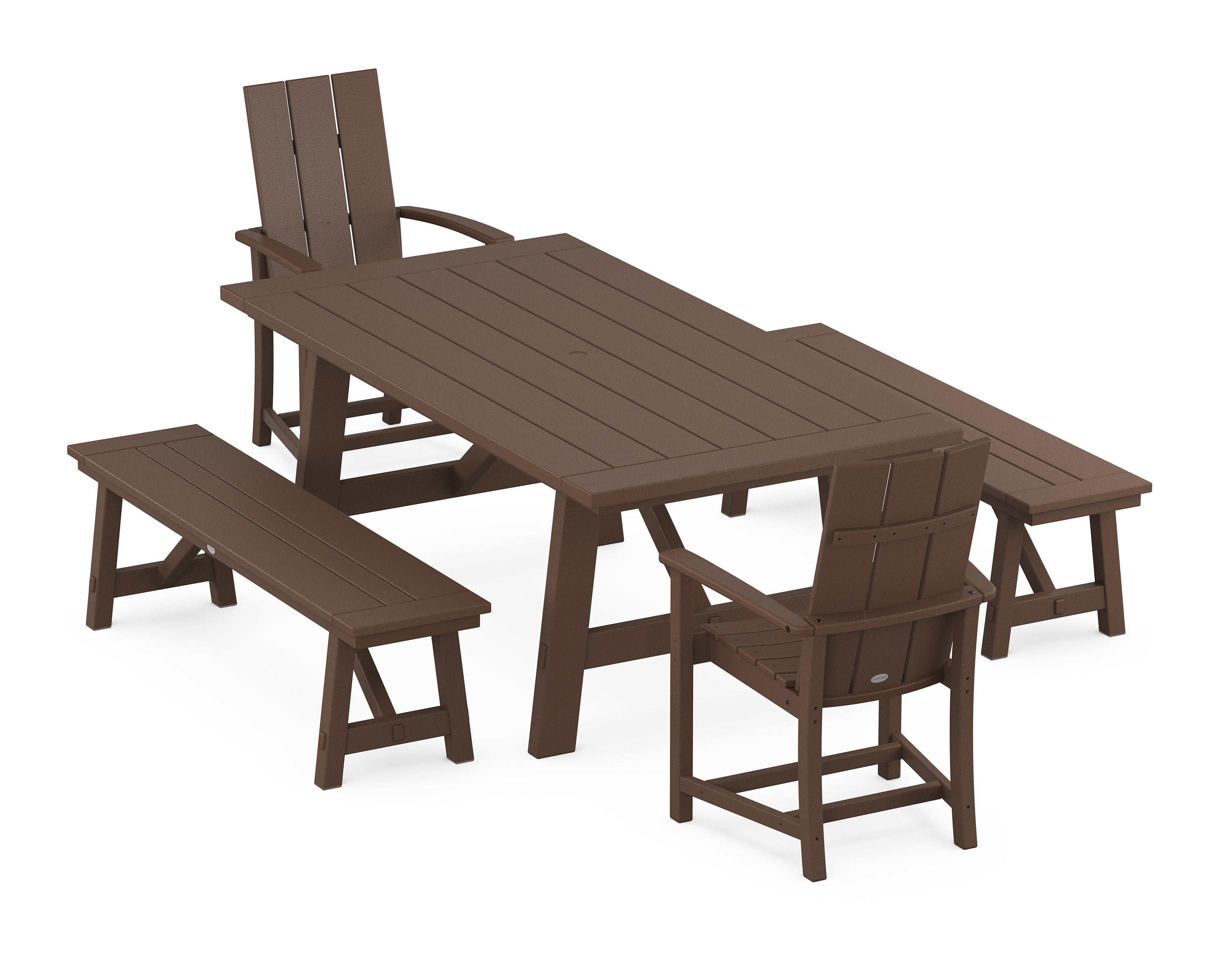 POLYWOOD® Modern Adirondack 5-Piece Rustic Farmhouse Dining Set With Benches in Mahogany