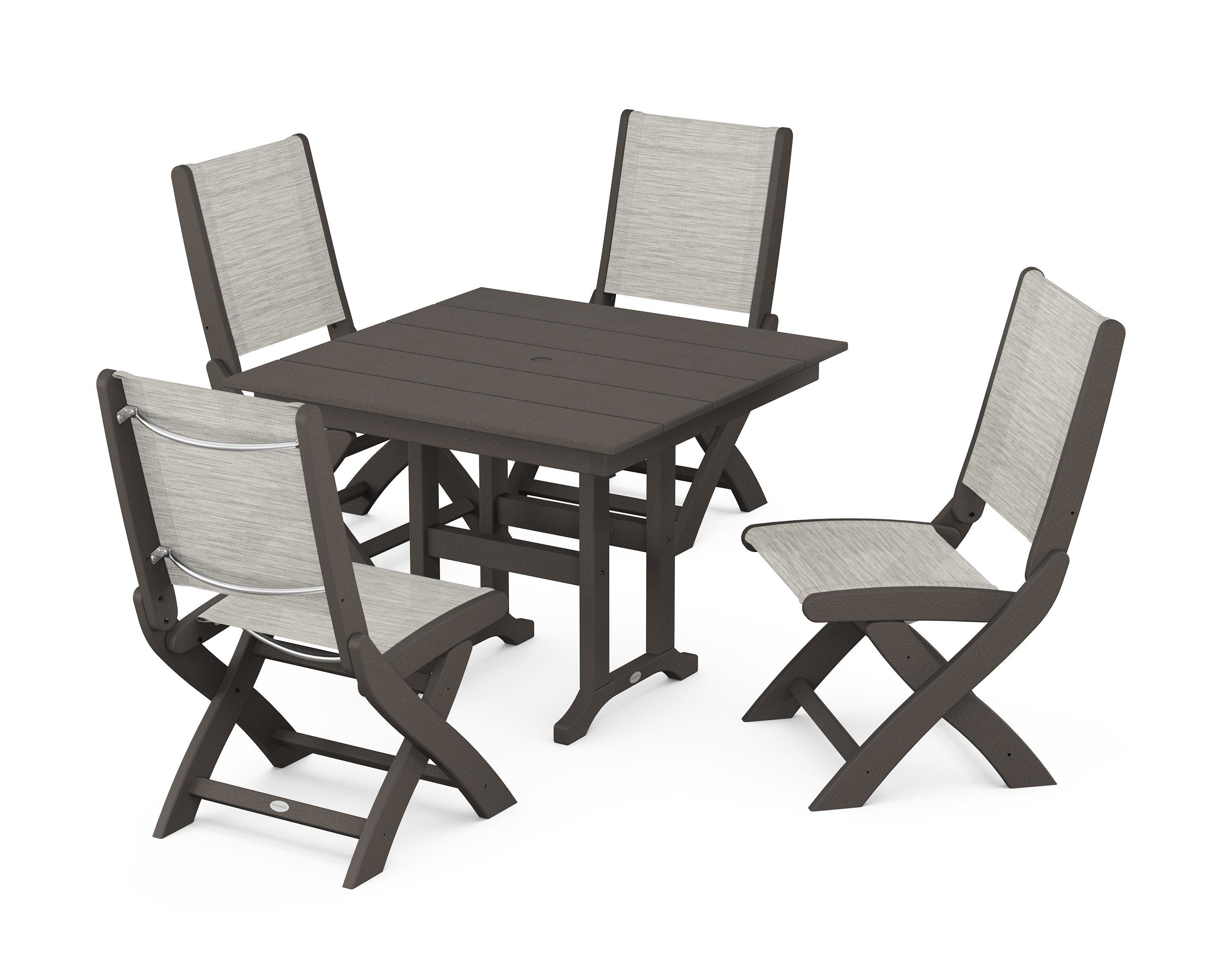POLYWOOD Coastal Folding Side Chair 5-Piece Farmhouse Dining Set in Vintage Coffee / Birch Sling
