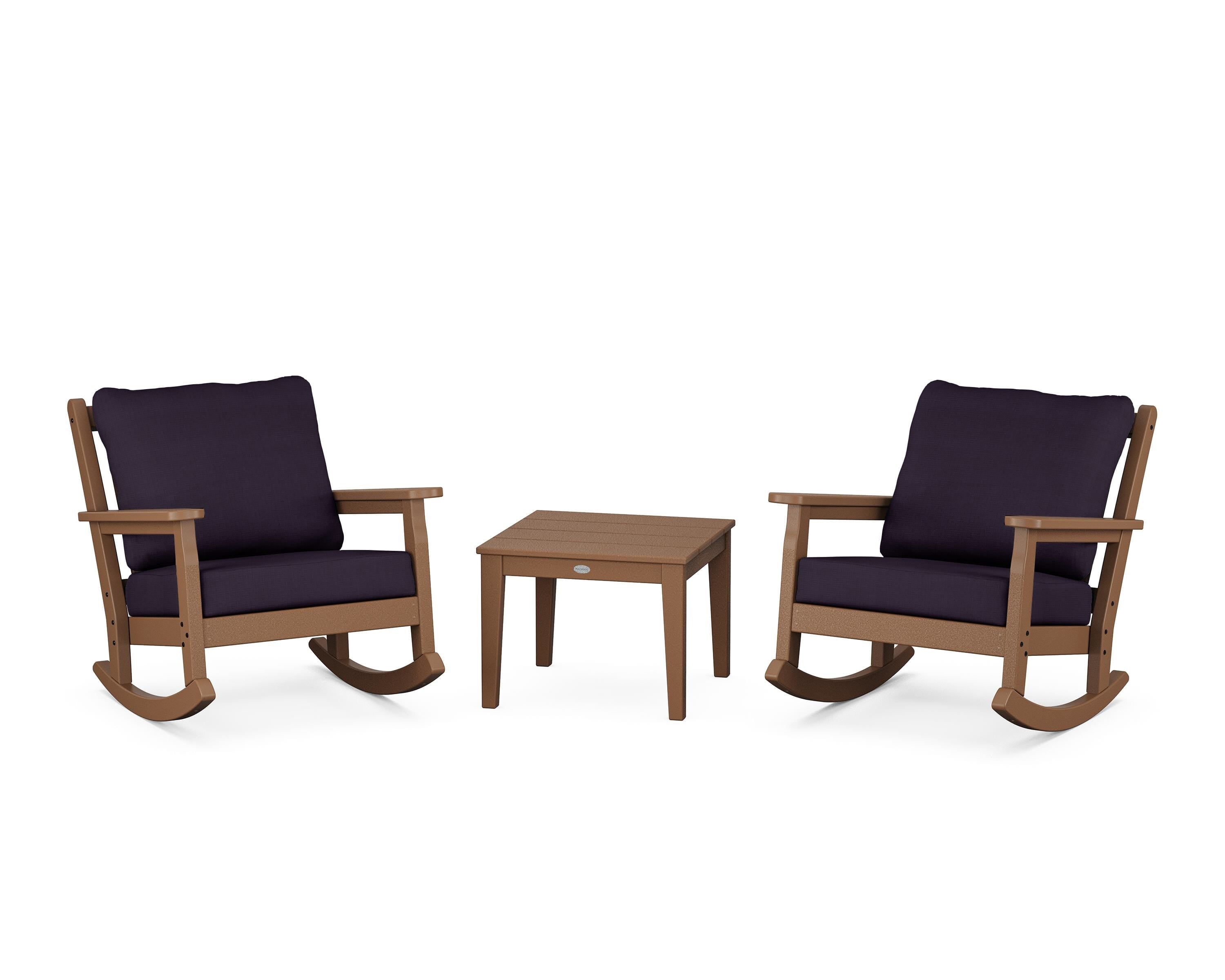 POLYWOOD Chippendale 3-Piece Deep Seating Rocker Set in Teak / Navy Linen