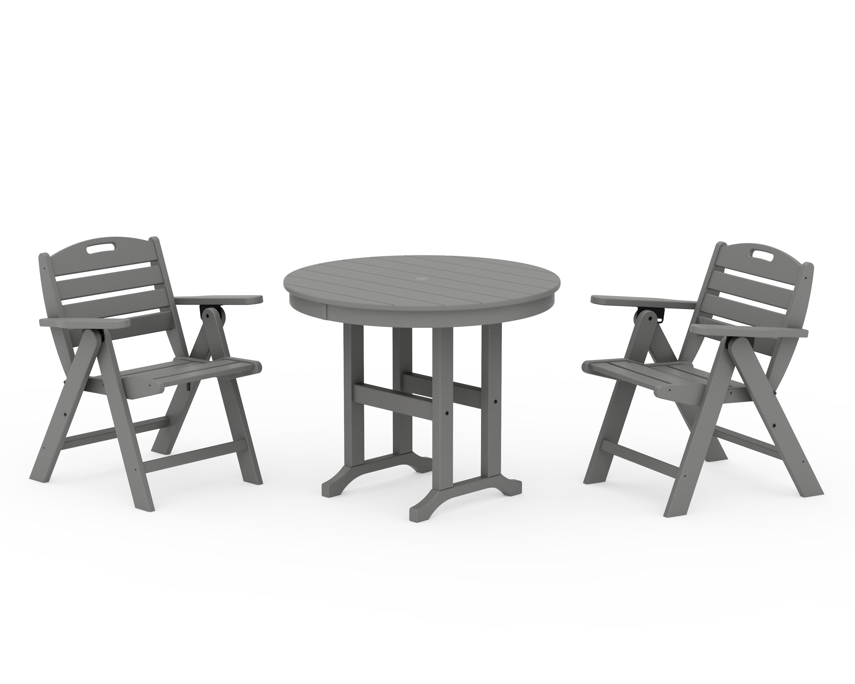 POLYWOOD Nautical Folding Lowback Chair 3-Piece Round Dining Set in Slate Grey