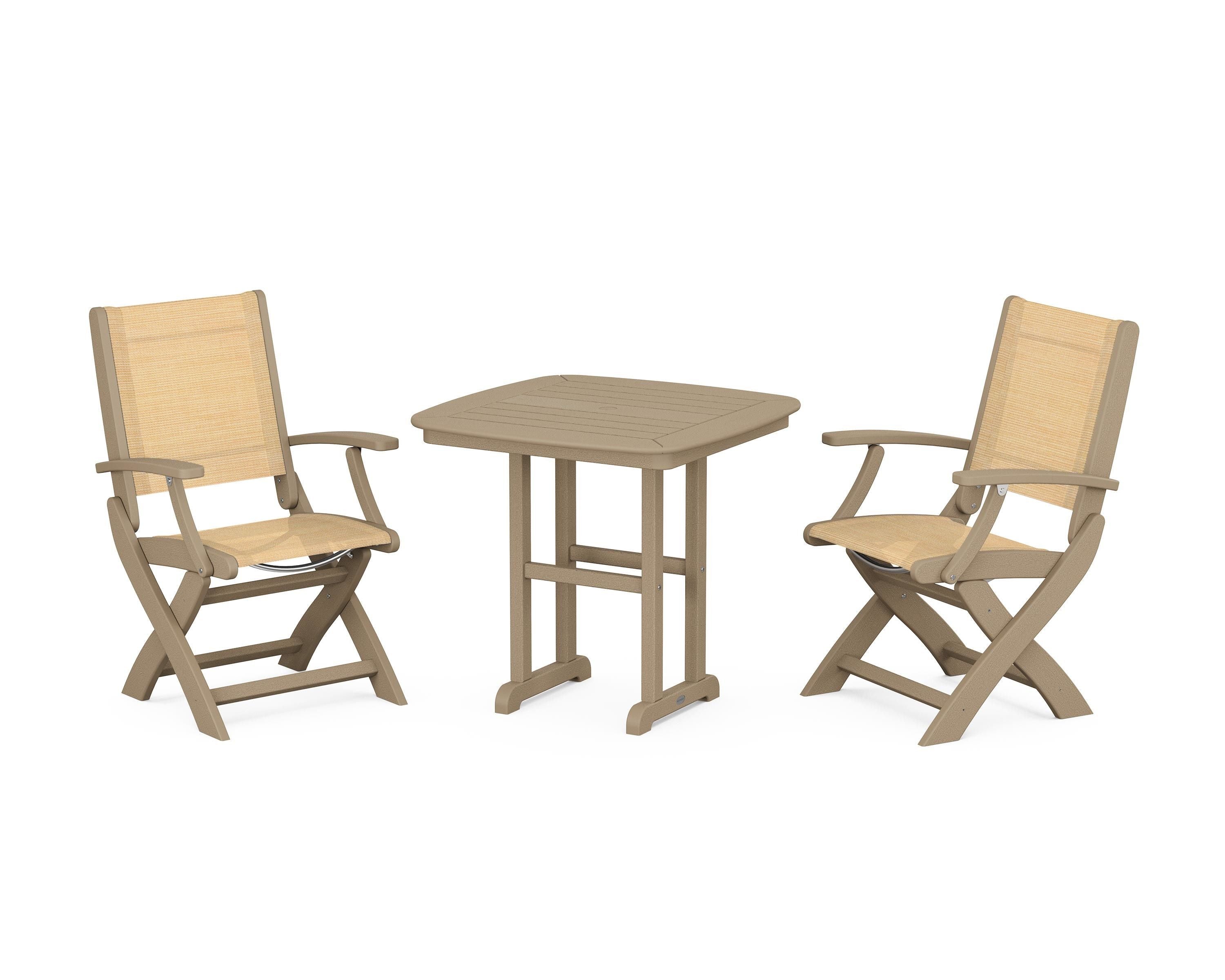 POLYWOOD Coastal Folding Chair 3-Piece Dining Set in Vintage Sahara / Dupioni Apricot Sling