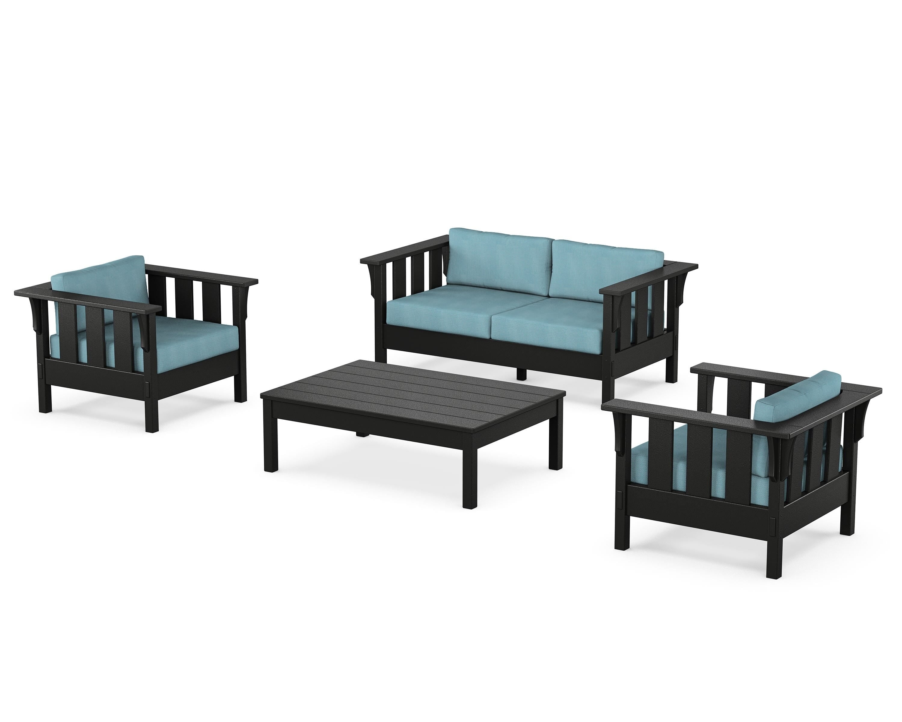 Martha Stewart by POLYWOOD Acadia 4-Piece Deep Seating Set with Loveseat in Black / Lattice Sky Blue