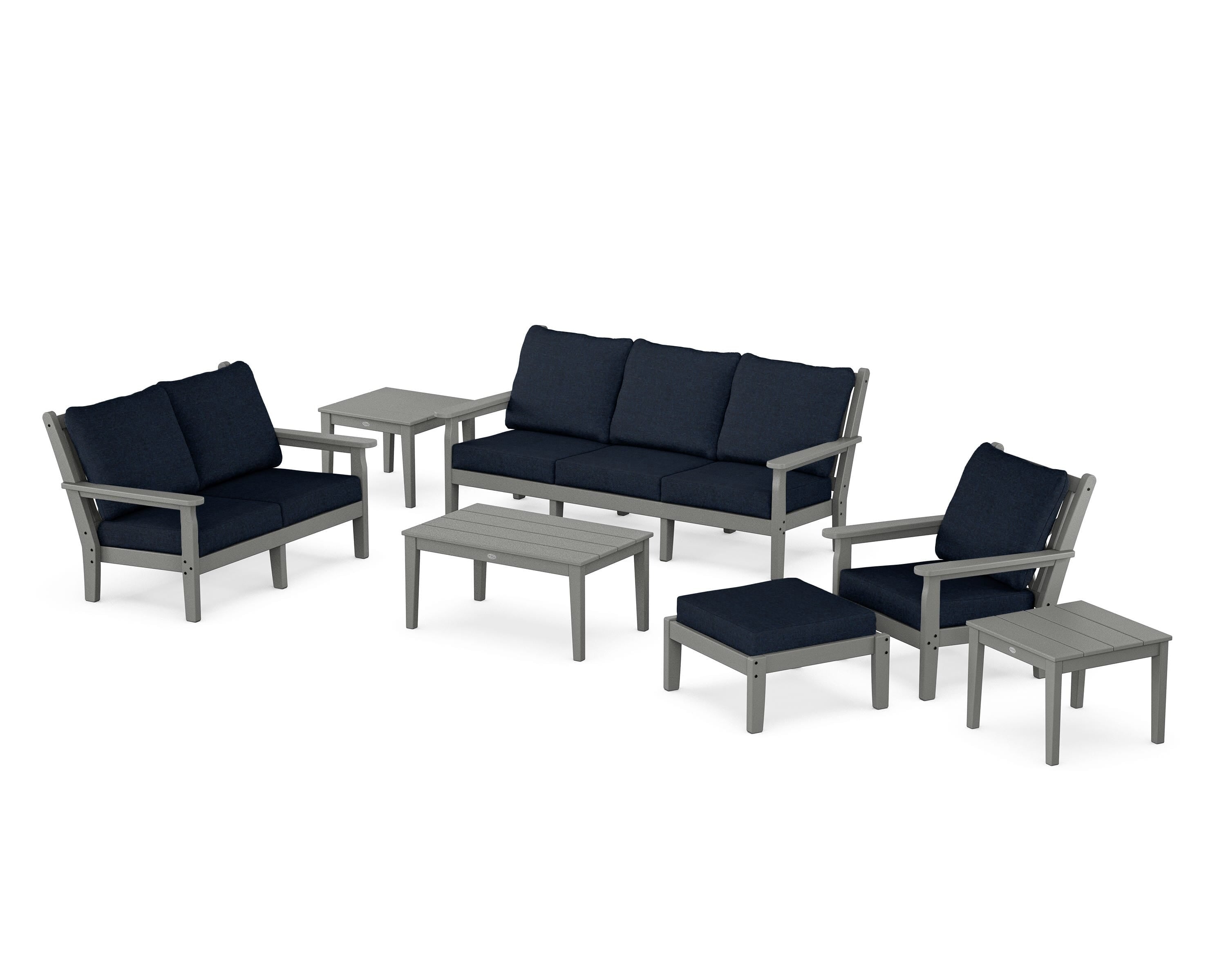 POLYWOOD Chippendale 7-Piece Deep Seating Set in Slate Grey / Marine Indigo