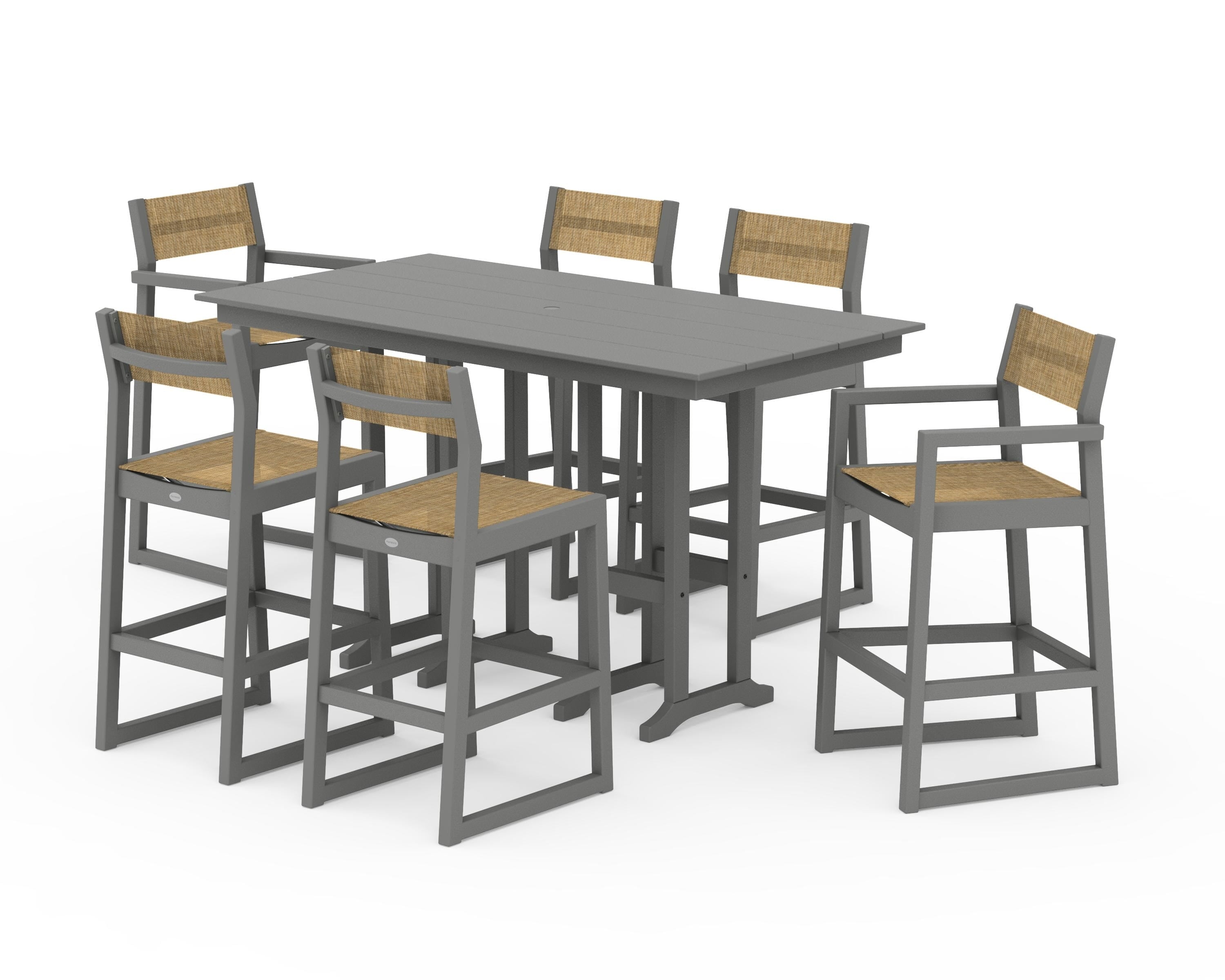POLYWOOD EDGE Sling 7-Piece Farmhouse Bar Set in Slate Grey / Burlap Sling