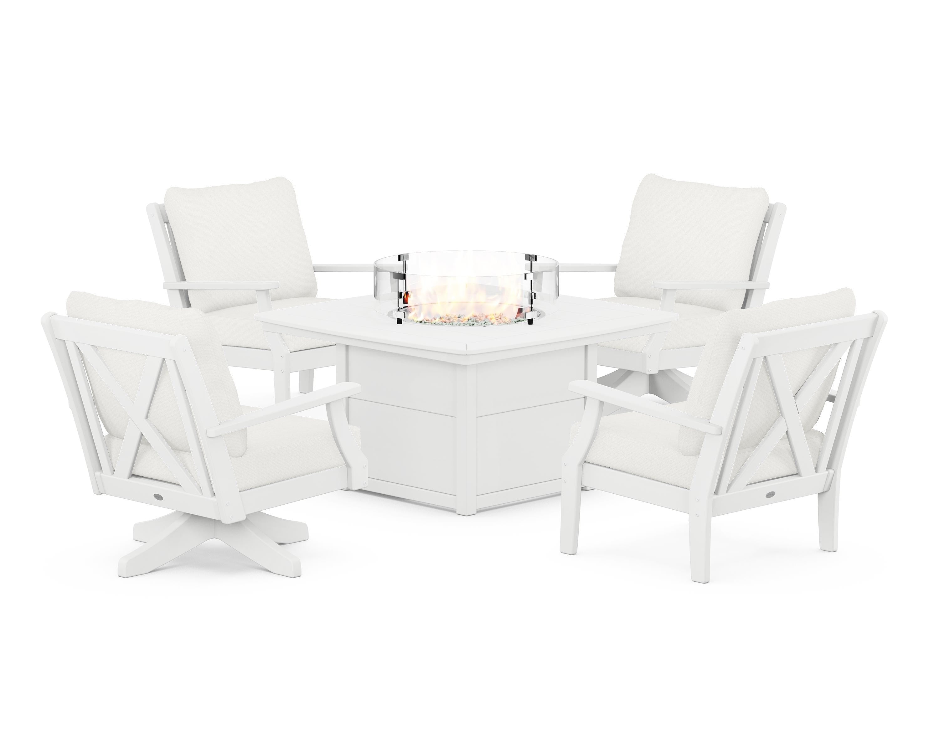 POLYWOOD Braxton 5-Piece Deep Seating Set with Fire Table in White / Natural Linen