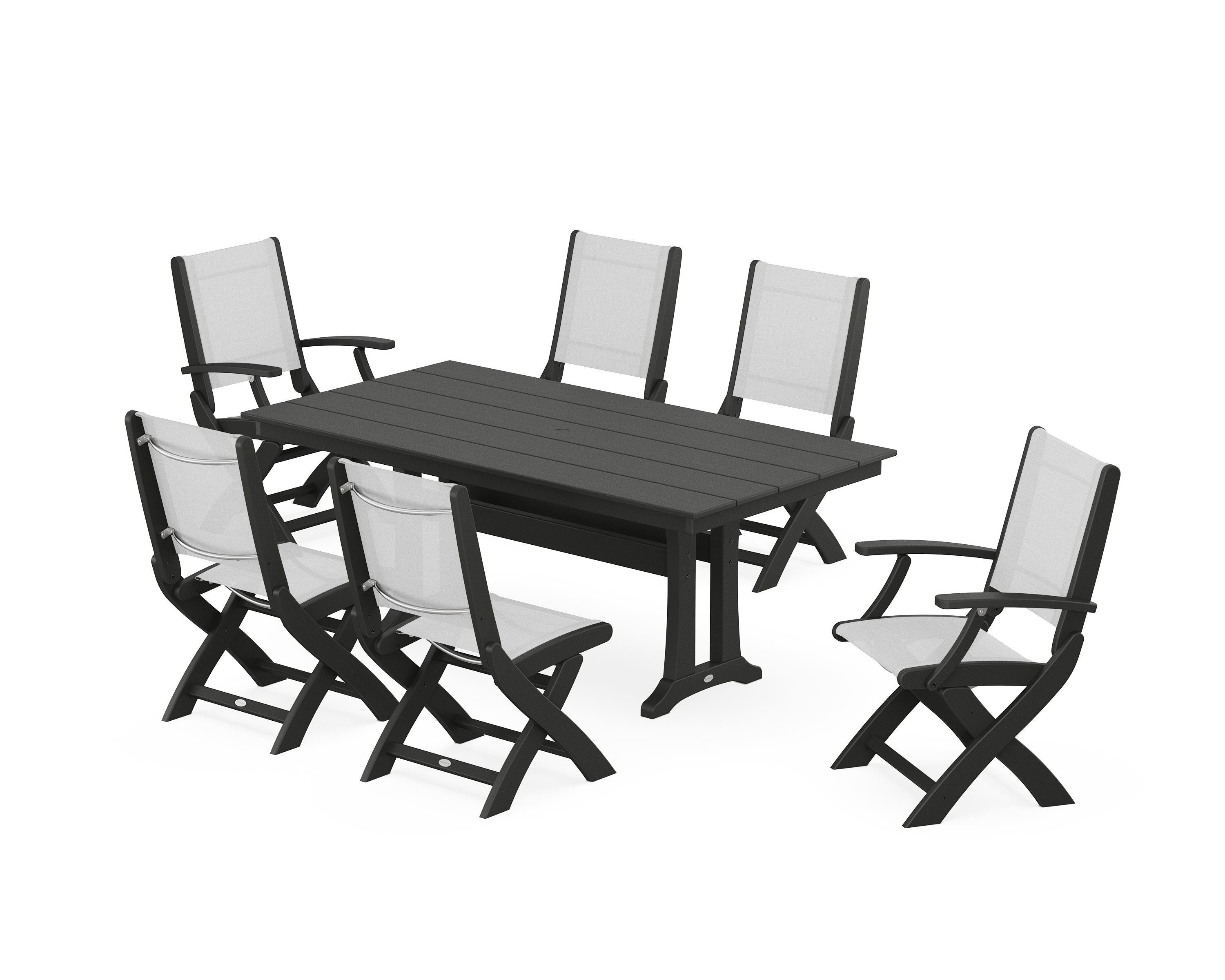 POLYWOOD Coastal Folding Chair 7-Piece Farmhouse Dining Set with Trestle Legs in Black / White Sling