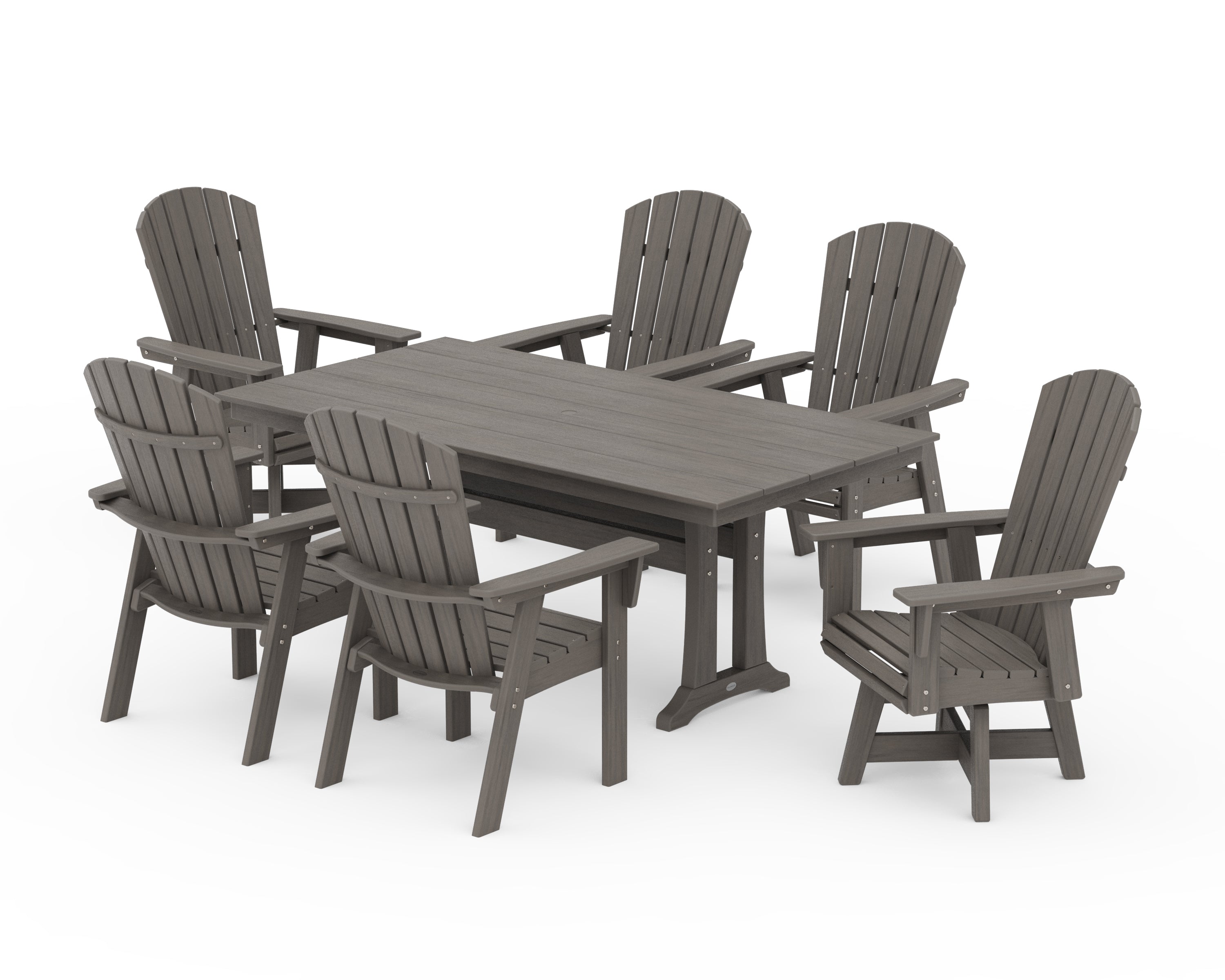 POLYWOOD Nautical Curveback Adirondack Swivel Chair 7-Piece Farmhouse Dining Set With Trestle Legs in Driftwood