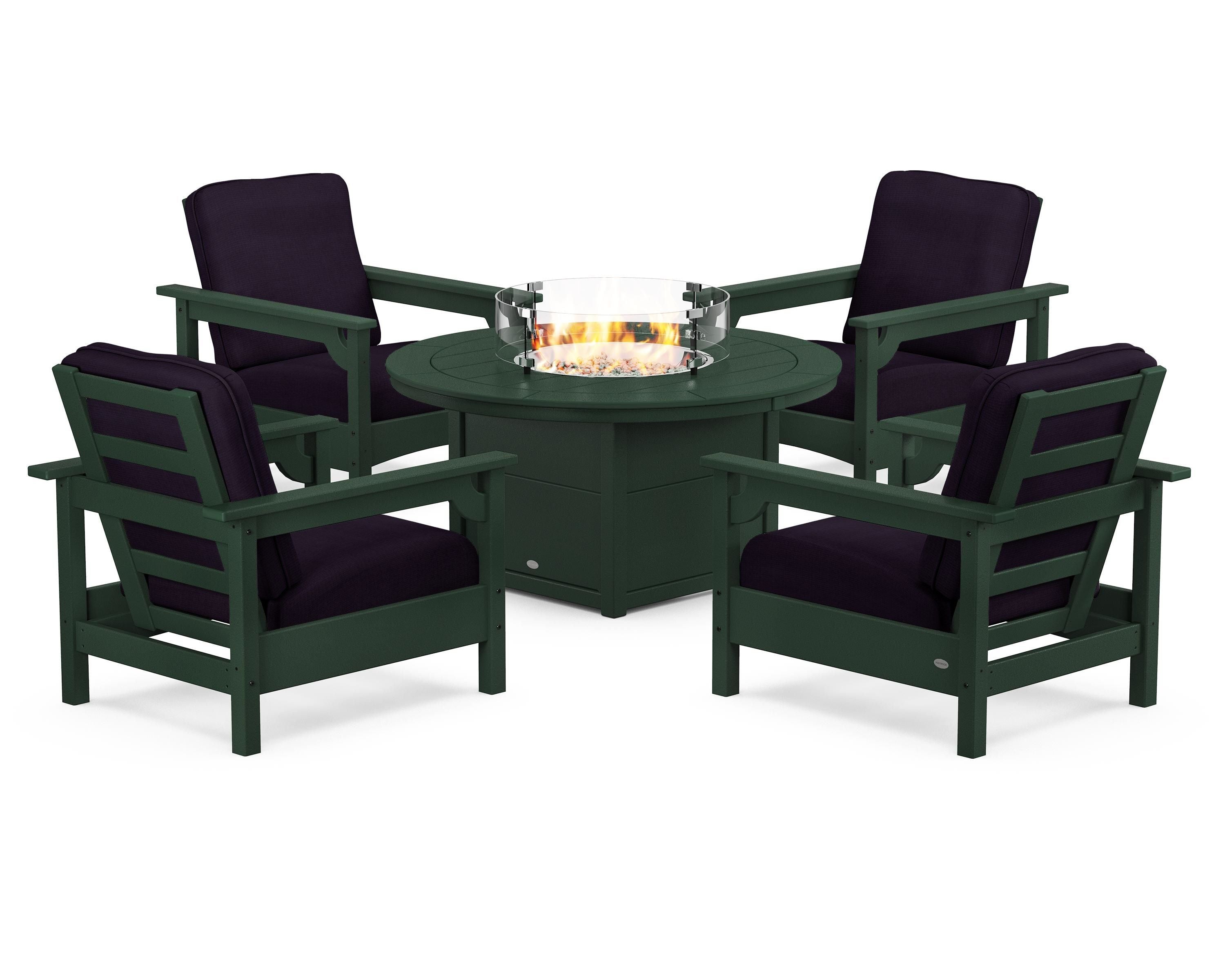 POLYWOOD Club 5-Piece Conversation Set with Fire Pit Table in Green / Navy Linen