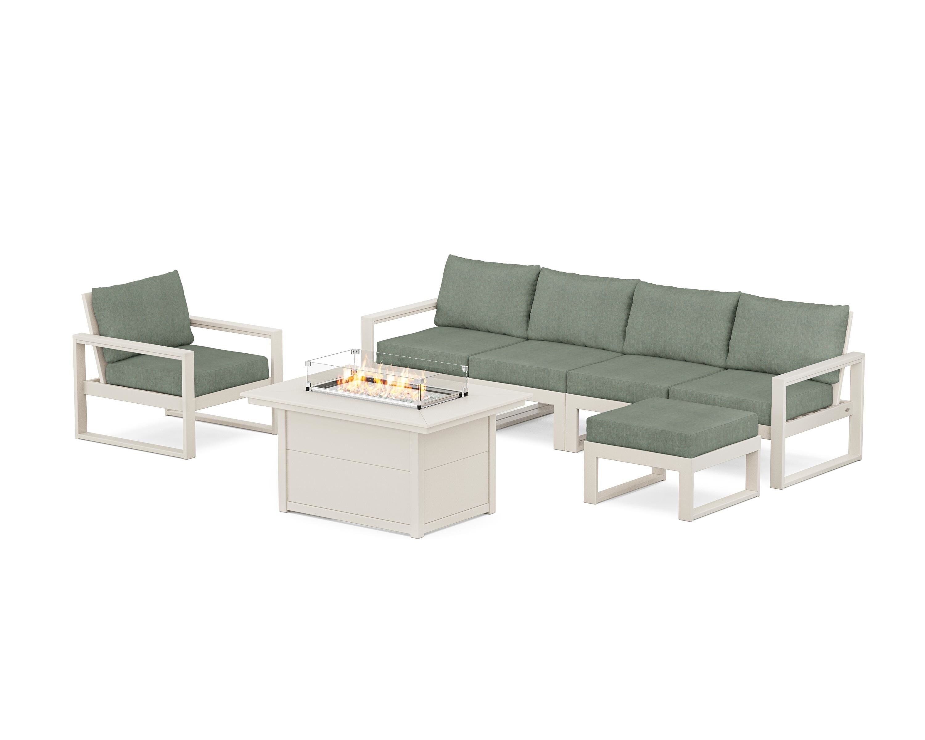 POLYWOOD EDGE Sectional Lounge and Fire Pit Set in Sand / Cast Sage