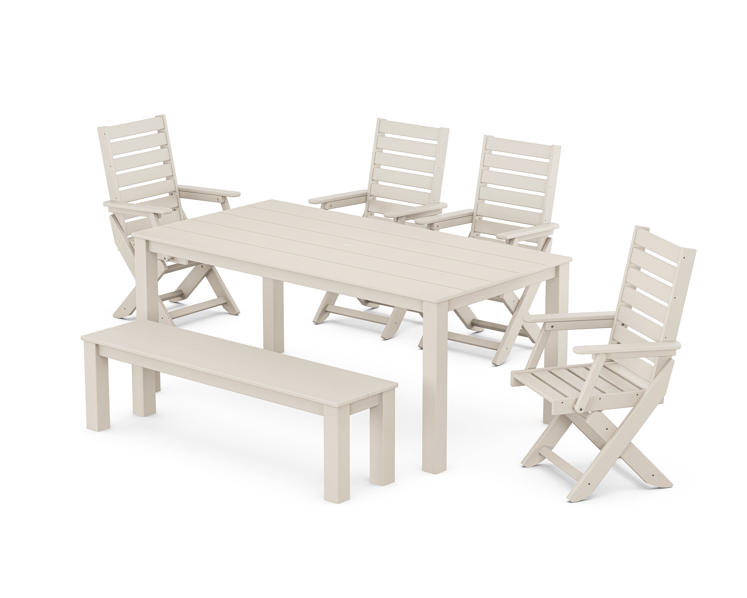 POLYWOOD® Captain Folding Chair 6-Piece Parsons Dining Set with Bench in Sand