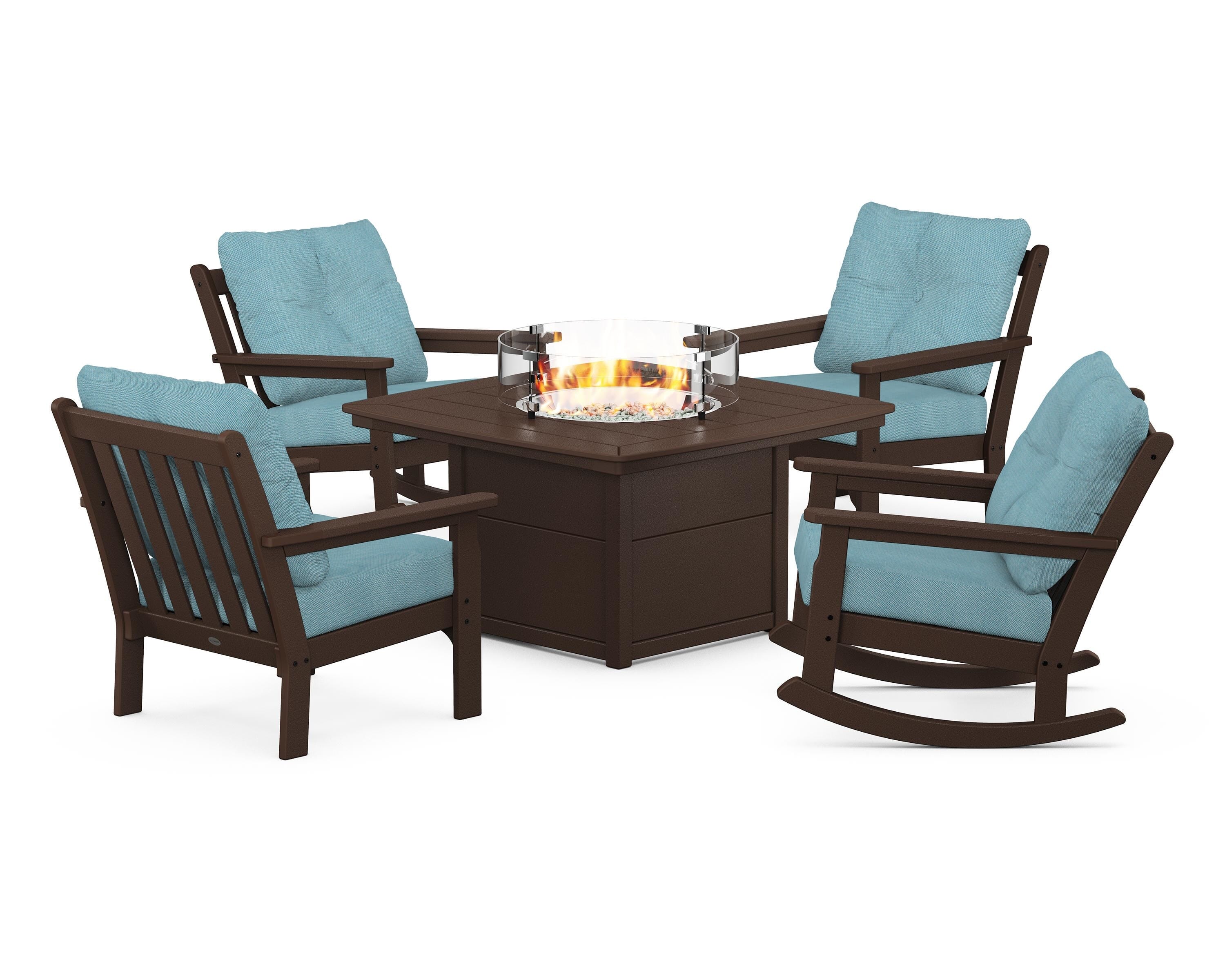 POLYWOOD Vineyard 5-Piece Deep Seating Rocking Chair Conversation Set with Fire Pit Table in Mahogany / Lattice Sky Blue