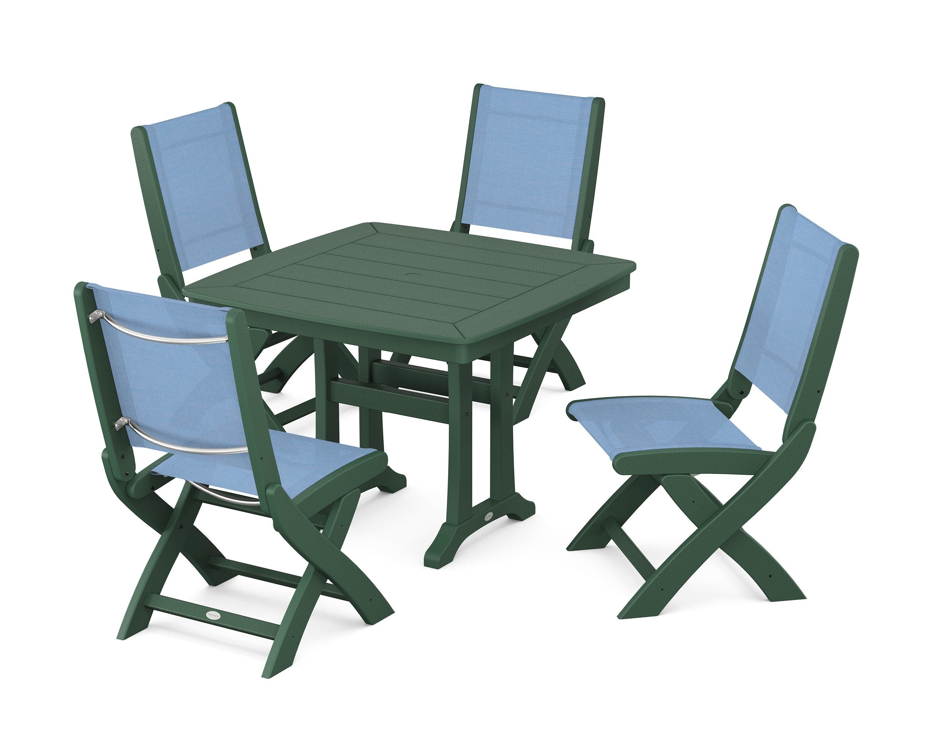 POLYWOOD Coastal Folding Side Chair 5-Piece Dining Set with Trestle Legs in Green / Poolside Sling