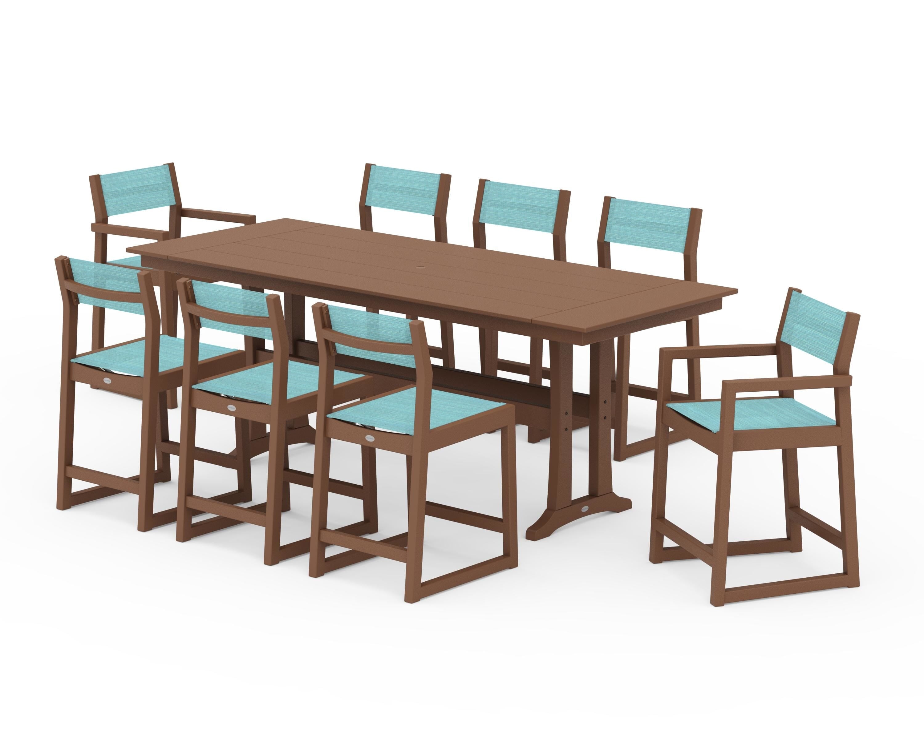 POLYWOOD EDGE Sling 9-Piece Farmhouse Counter Set with Trestle Legs in Teak / Dupioni Aquamarine Sling