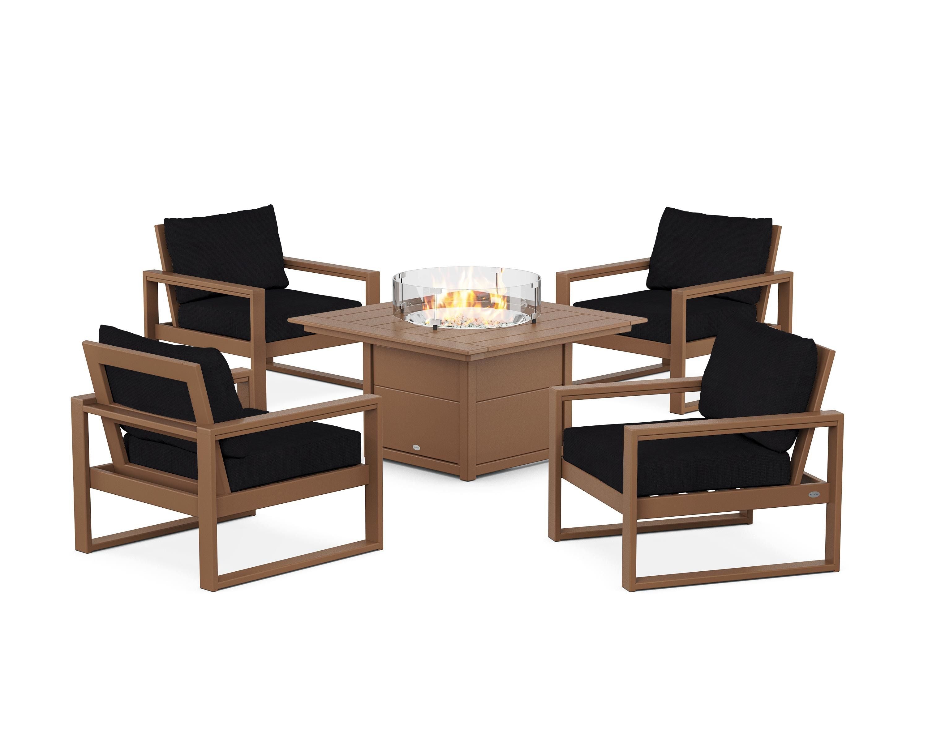 POLYWOOD EDGE Sectional 5-Piece Deep Seating Set with Fire Pit Table in Teak / Midnight Linen