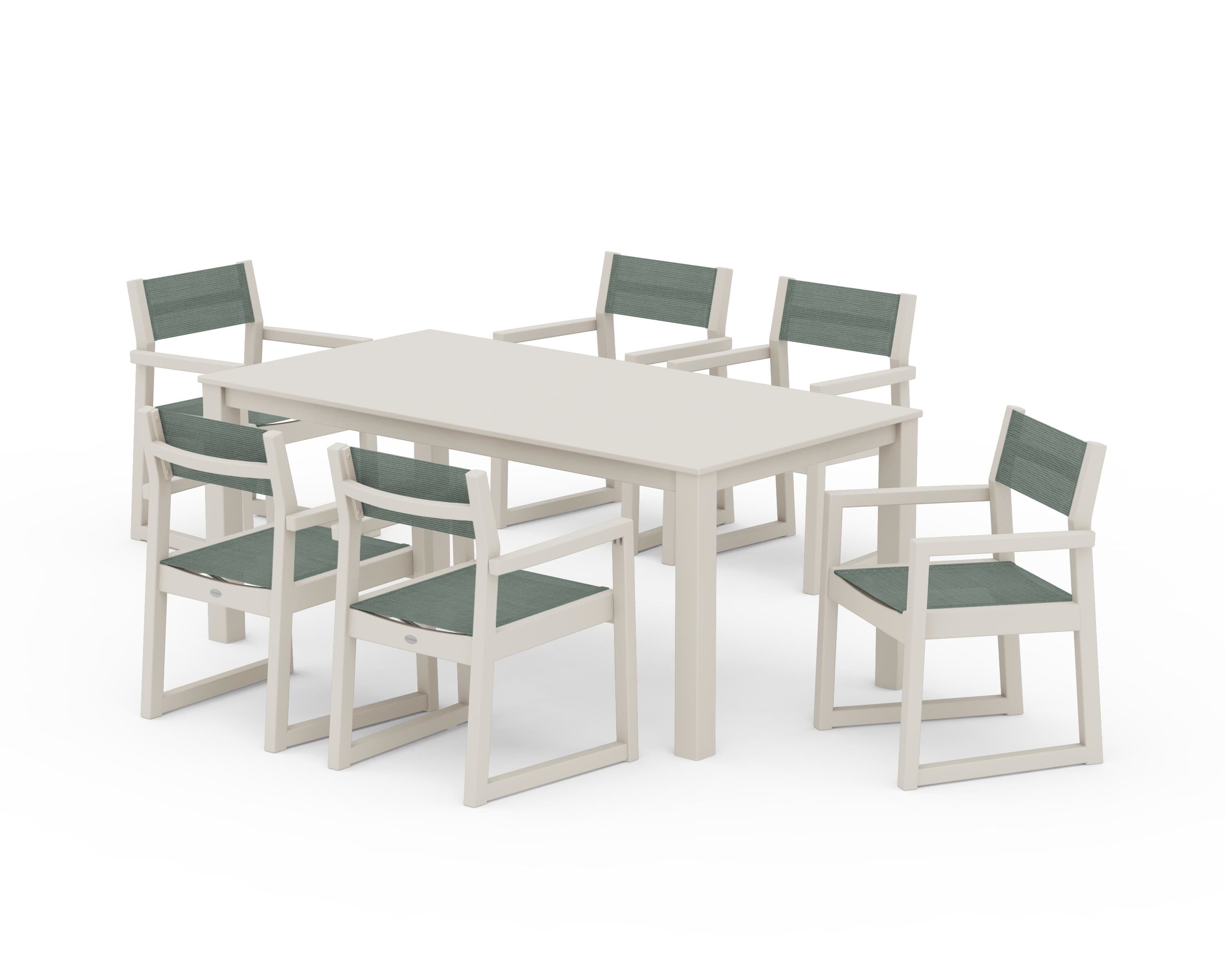 POLYWOOD EDGE Sling Arm Chair 7-Piece Parsons Dining Set in Sand / Dupioni Sea Mist Sling