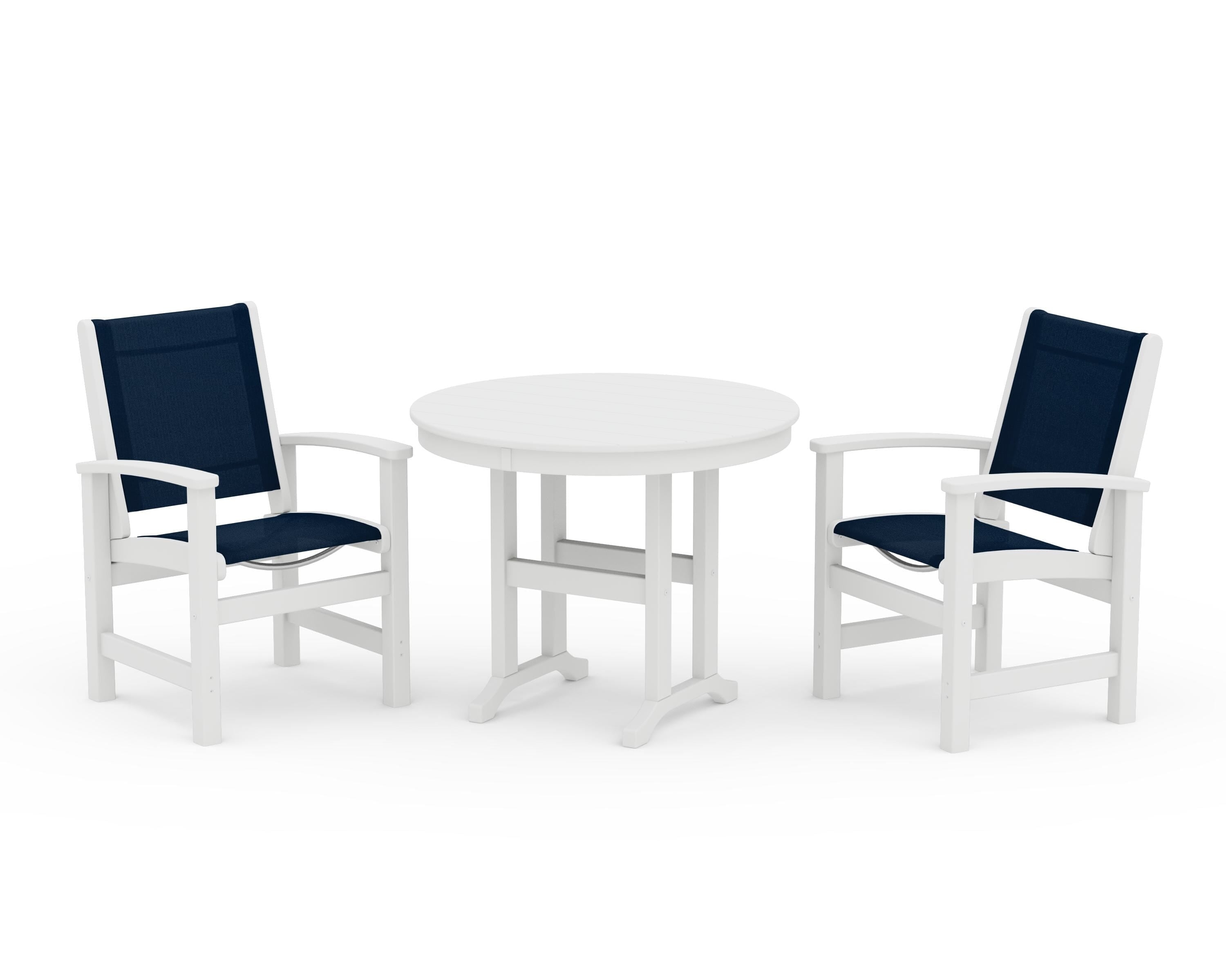 POLYWOOD Coastal 3-Piece Round Dining Set in White / Navy Blue Sling