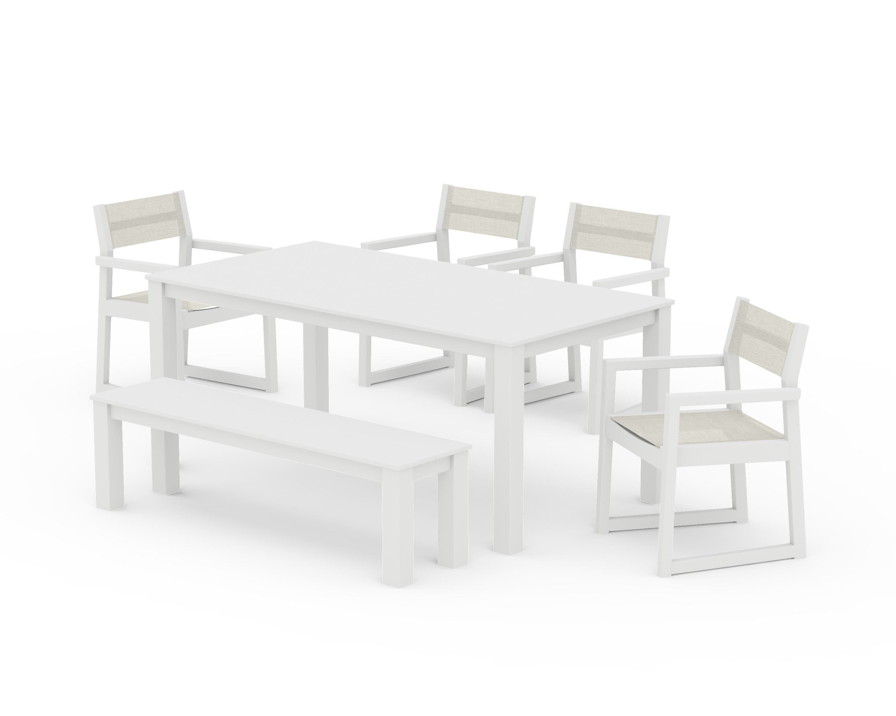 POLYWOOD EDGE Sling Arm Chair 6-Piece Parsons Dining Set with Bench in White / Parchment Sling