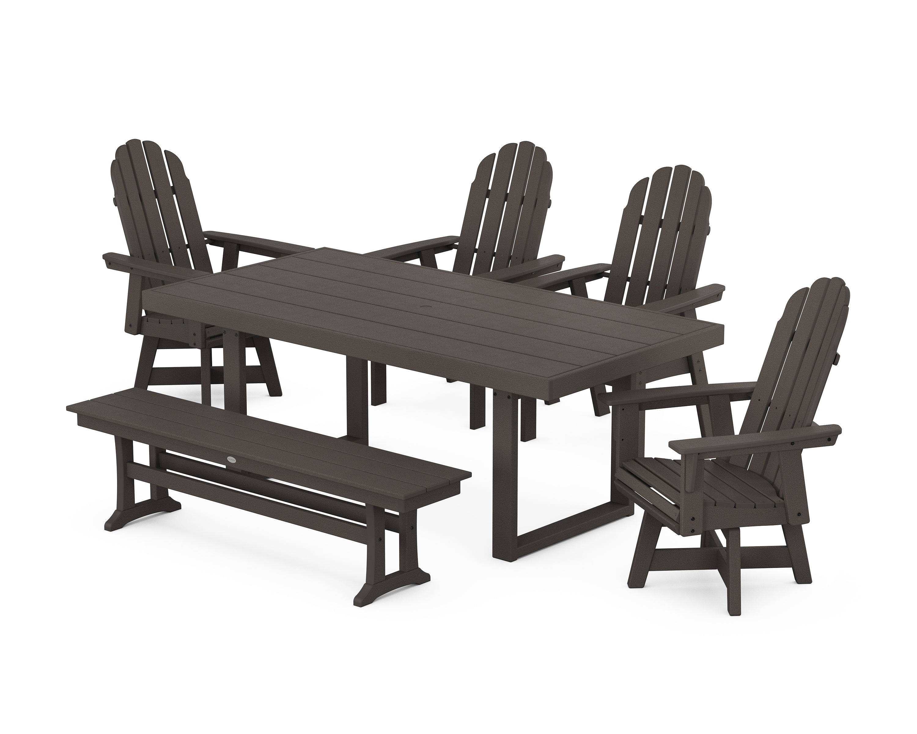 POLYWOOD® Vineyard Curveback Adirondack Swivel Chair 6-Piece Dining Set with Bench in Vintage Coffee