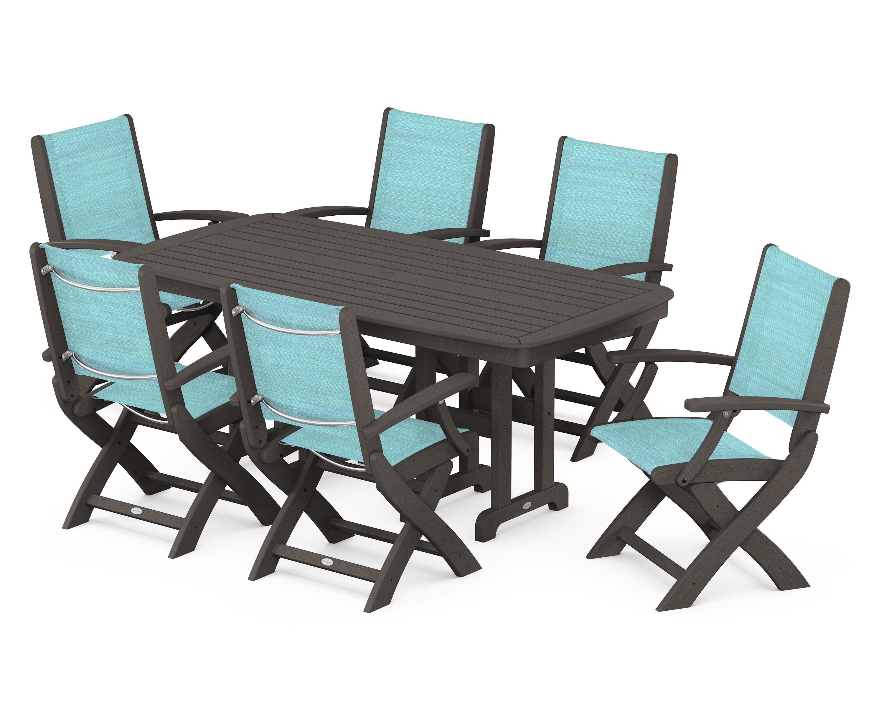 POLYWOOD Coastal Folding Arm Chair 7-Piece Dining Set in Vintage Coffee / Dupioni Aquamarine Sling