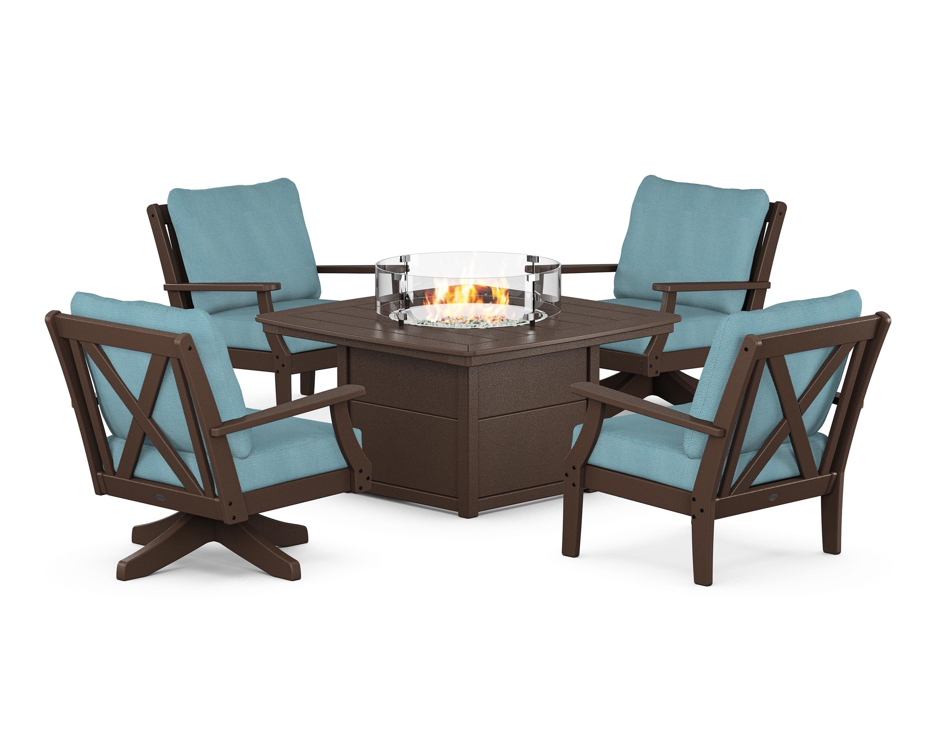 POLYWOOD Braxton 5-Piece Deep Seating Set with Fire Table in Mahogany / Lattice Sky Blue