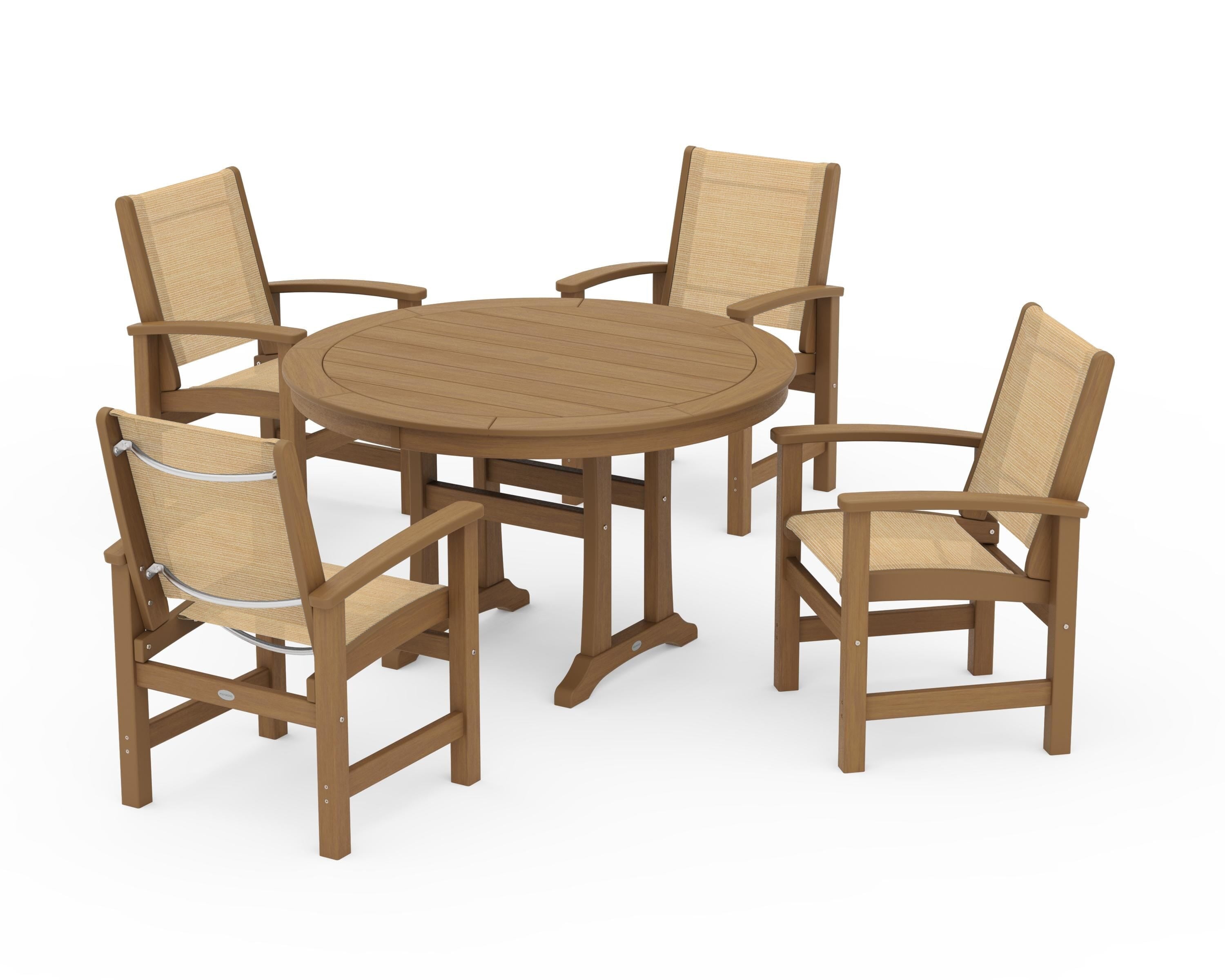 POLYWOOD Coastal 5-Piece Round Dining Set with Trestle Legs in Natural / Dupioni Apricot Sling