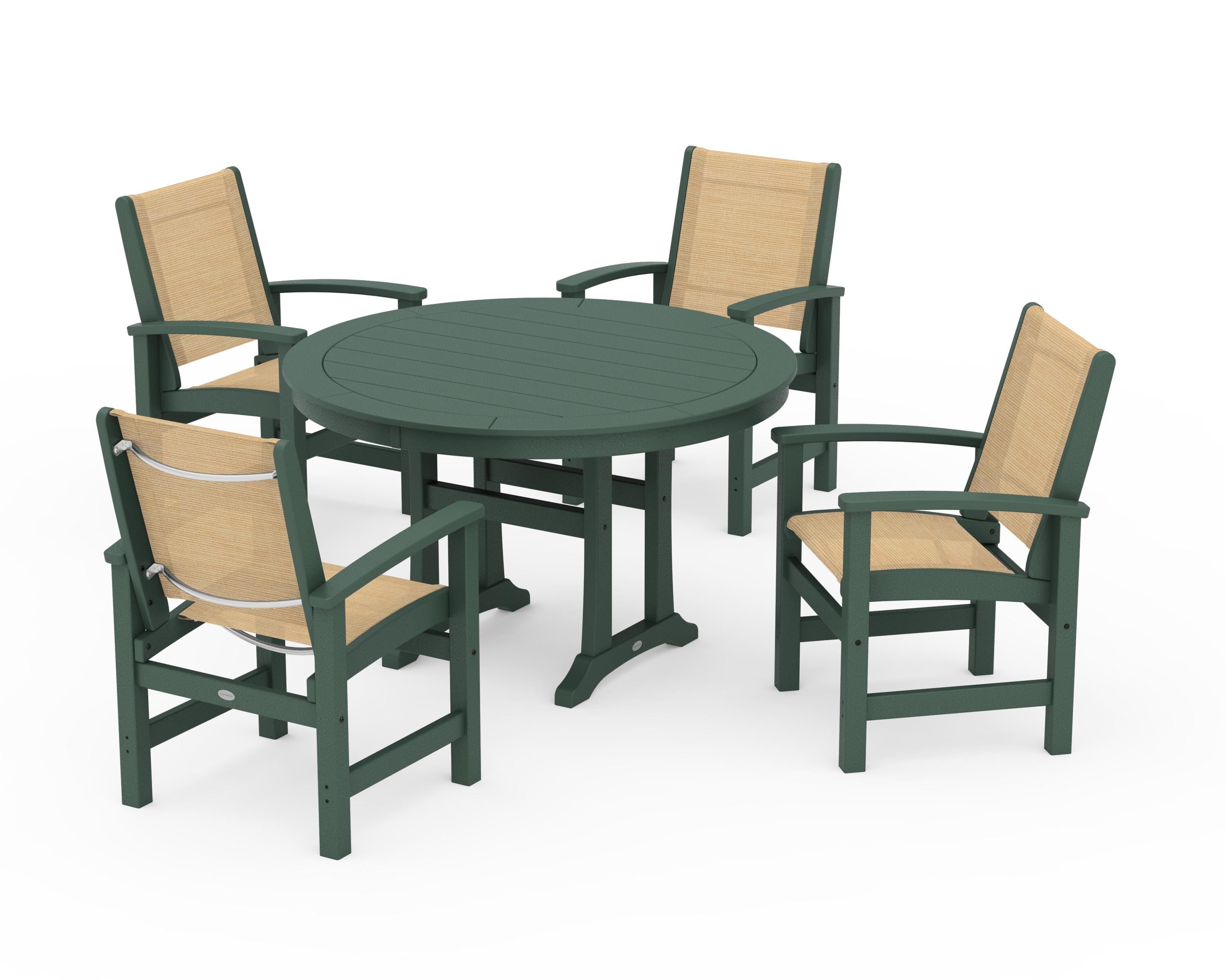 POLYWOOD Coastal 5-Piece Round Dining Set with Trestle Legs in Green / Dupioni Apricot Sling