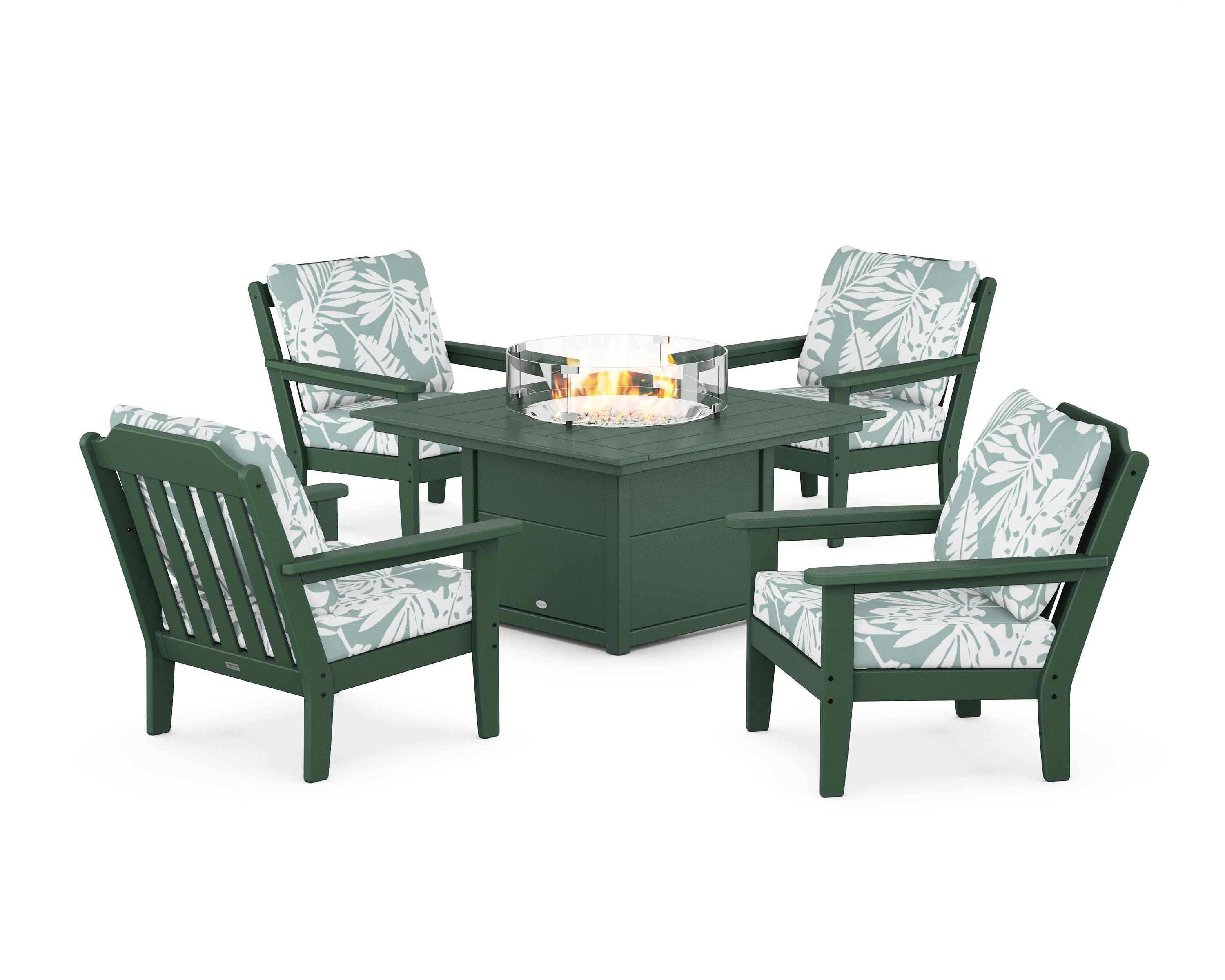 Country Living Cottage 5-Piece Deep Seating Set with Fire Pit Table in Green / Leaf Glacier Spa
