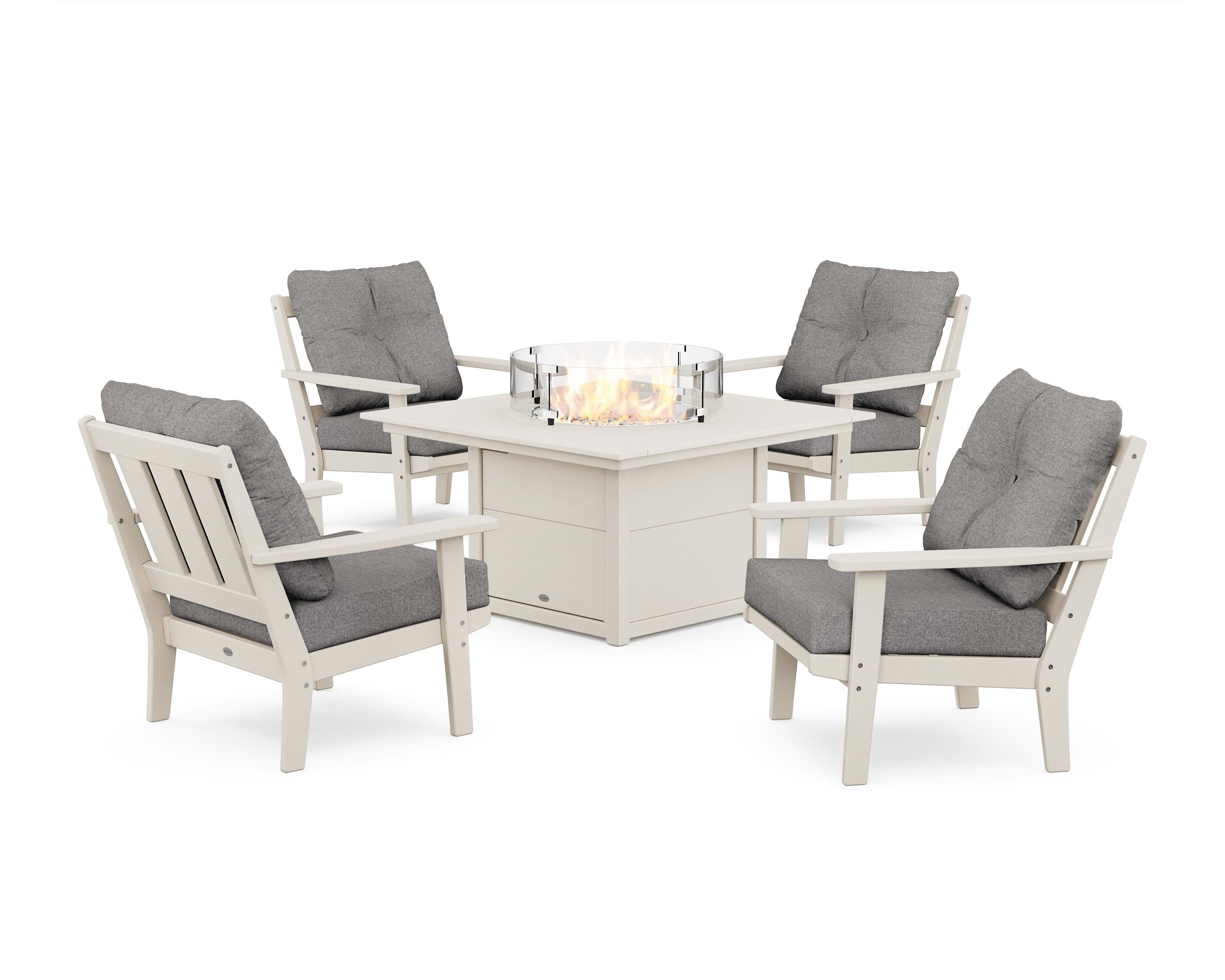 POLYWOOD Oxford 5-Piece Deep Seating Set with Fire Pit Table in Sand / Grey Mist