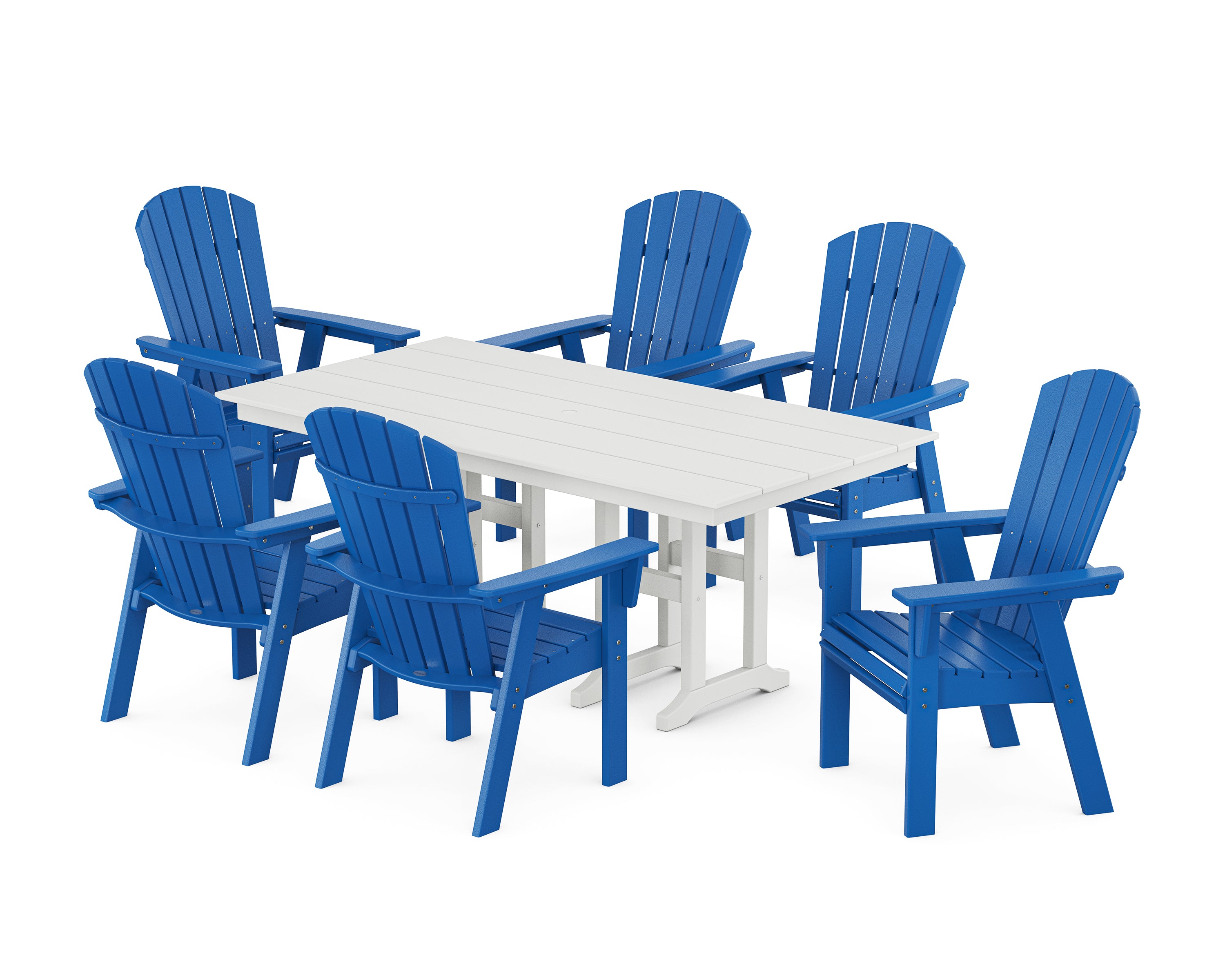 POLYWOOD Nautical Curveback Adirondack 7-Piece Farmhouse Dining Set in Pacific Blue / White