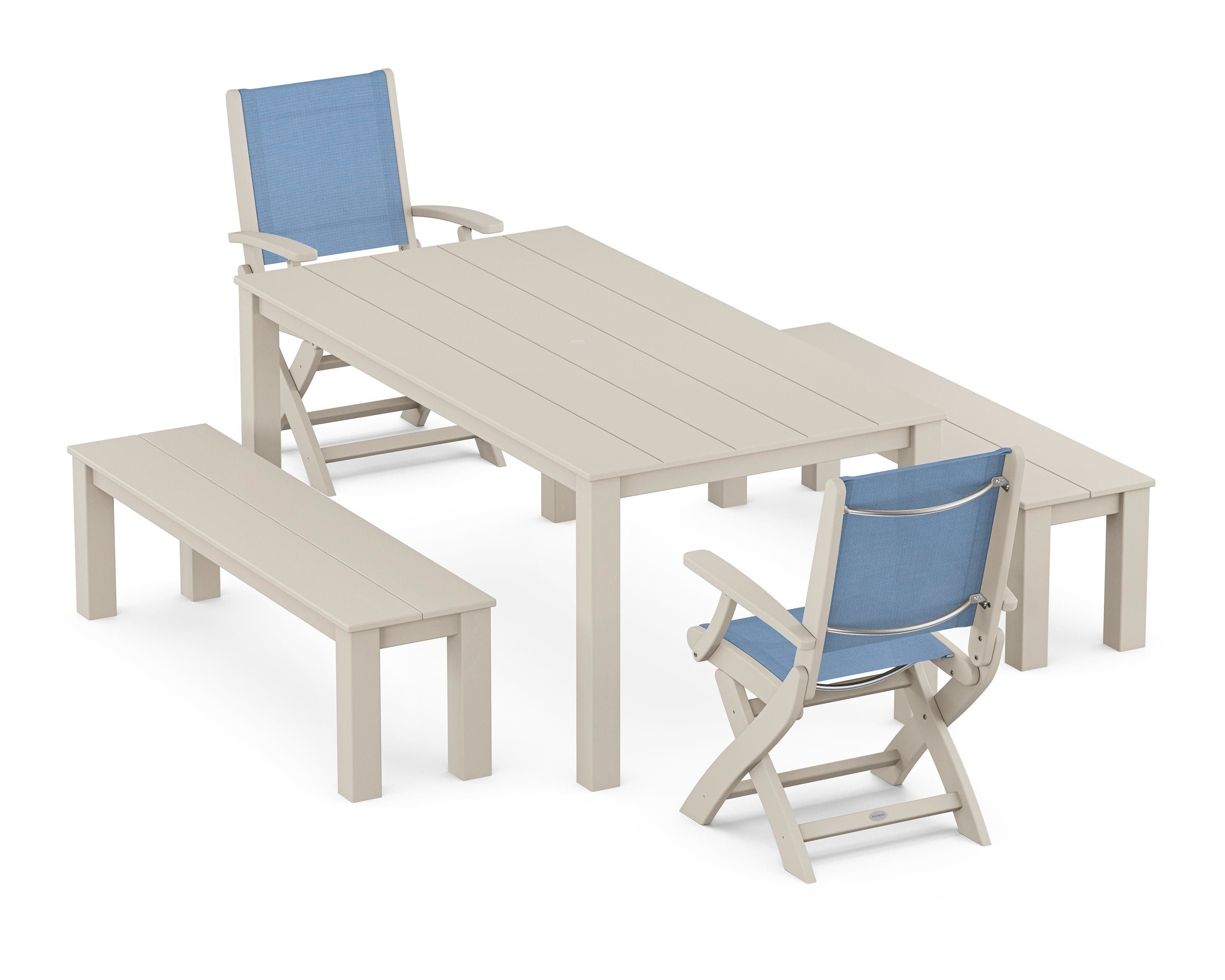POLYWOOD Coastal Folding Chair 5-Piece Parsons Dining Set with Benches in Sand / Poolside Sling