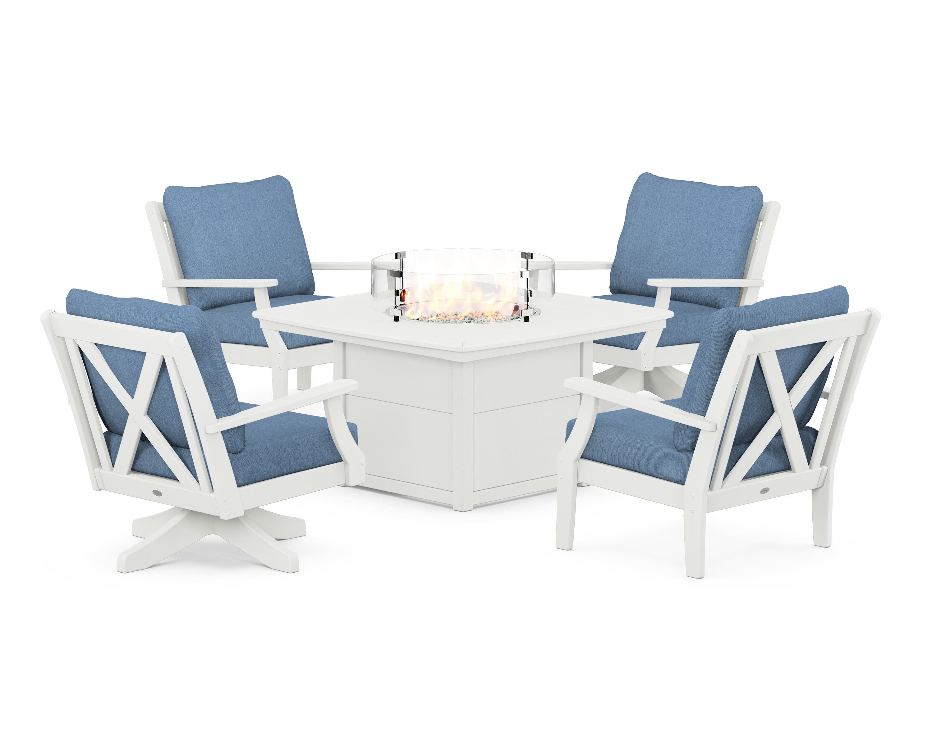 POLYWOOD Braxton 5-Piece Deep Seating Set with Fire Table in Vintage White / Sky Blue