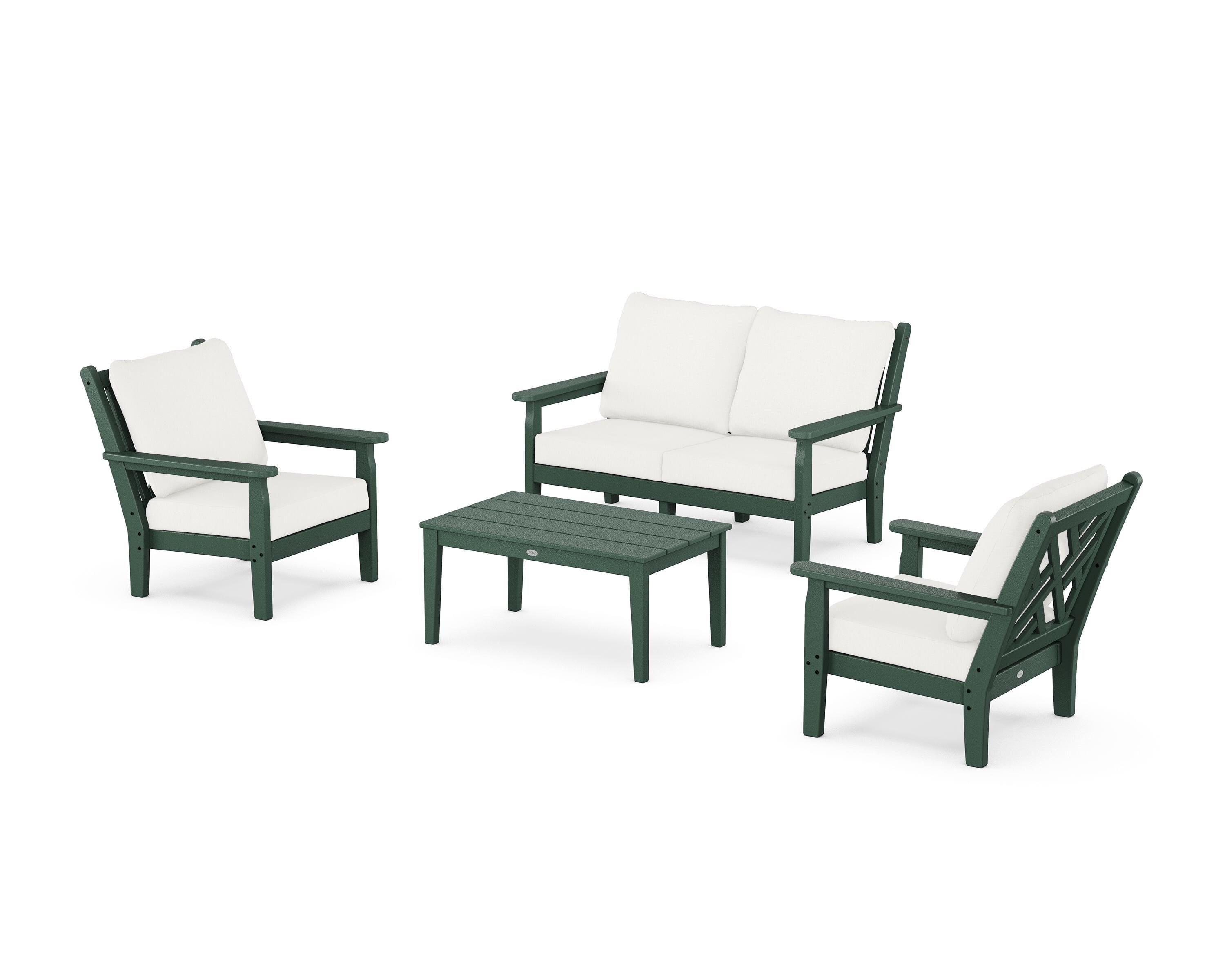 POLYWOOD Chippendale 4-Piece Deep Seating Set with Loveseat in Green / Natural Linen