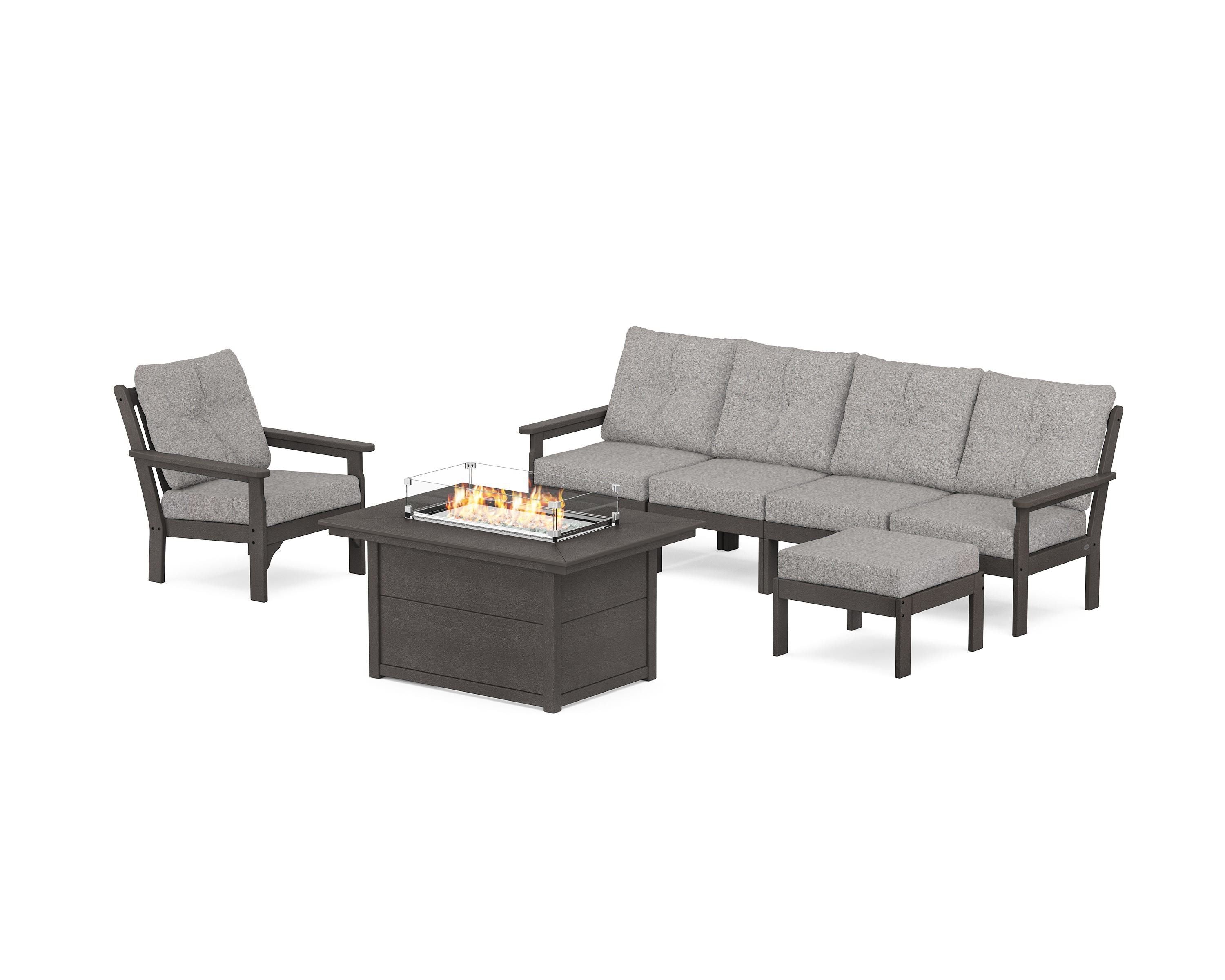 POLYWOOD Vineyard Sectional Lounge and Fire Pit Set in Vintage Coffee / Grey Mist