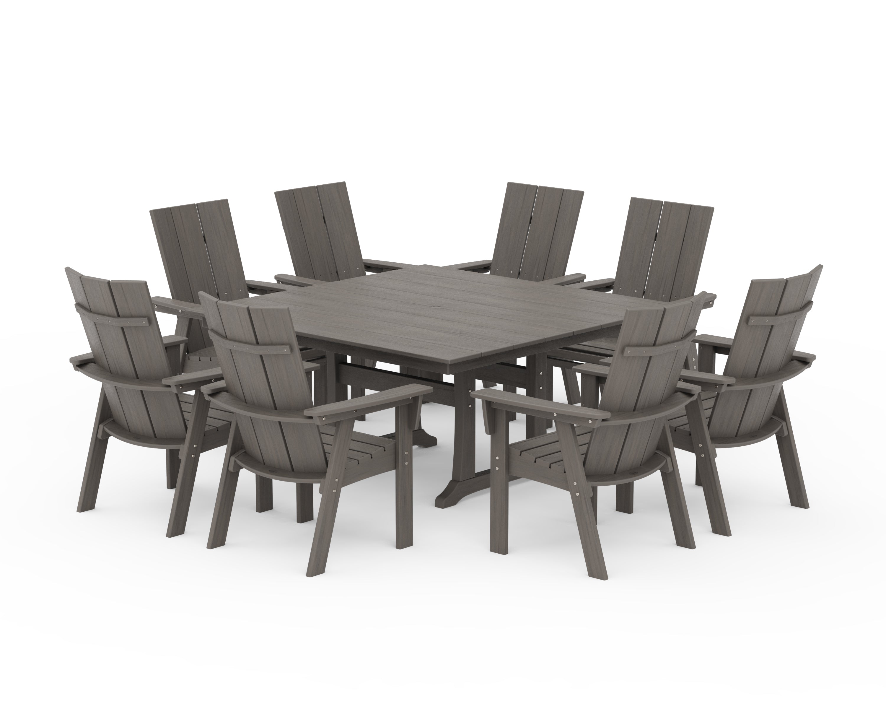 POLYWOOD Modern Curveback Adirondack 9-Piece Farmhouse Trestle Dining Set in Driftwood