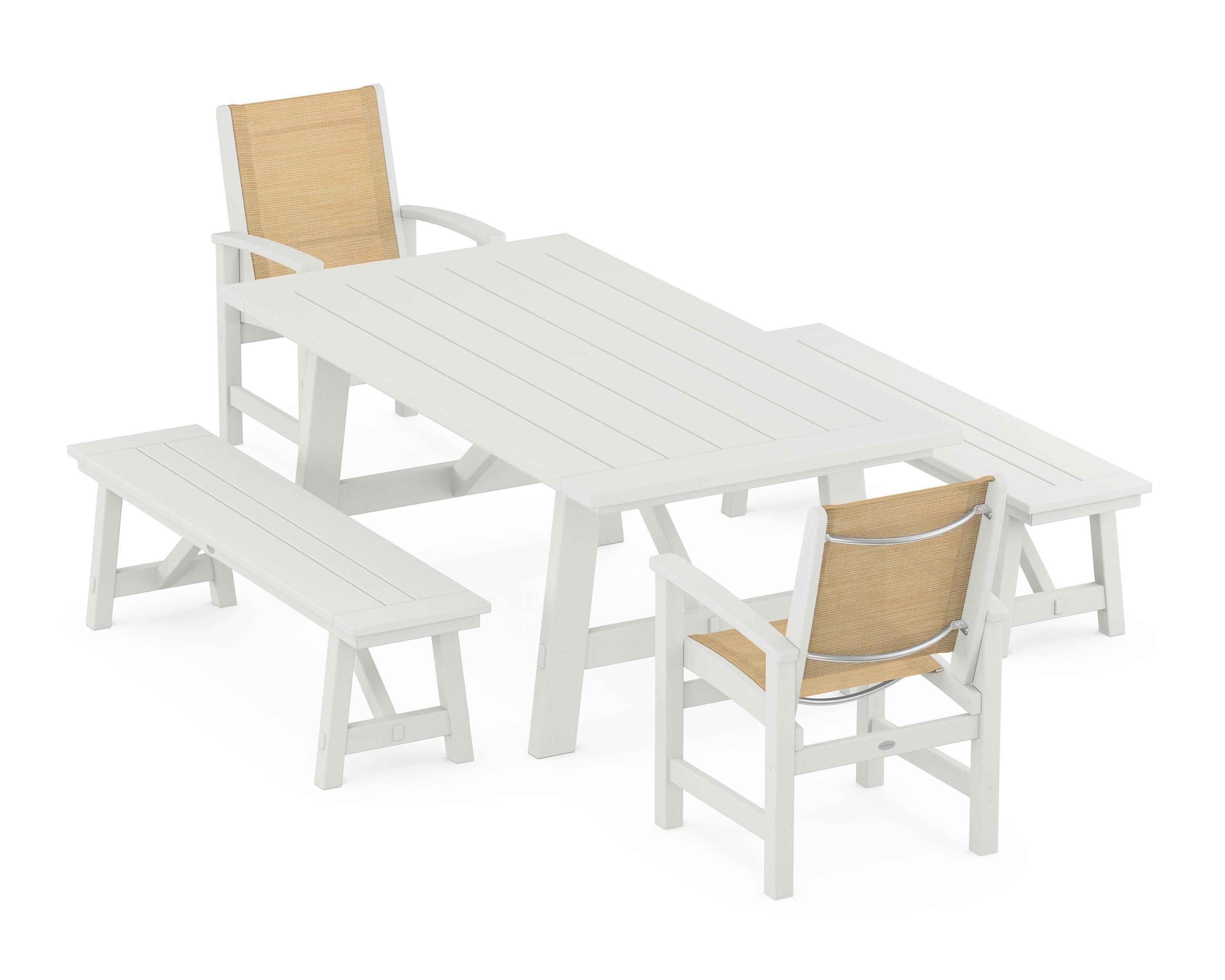 POLYWOOD Coastal 5-Piece Rustic Farmhouse Dining Set With Benches in Vintage White / Dupioni Apricot Sling