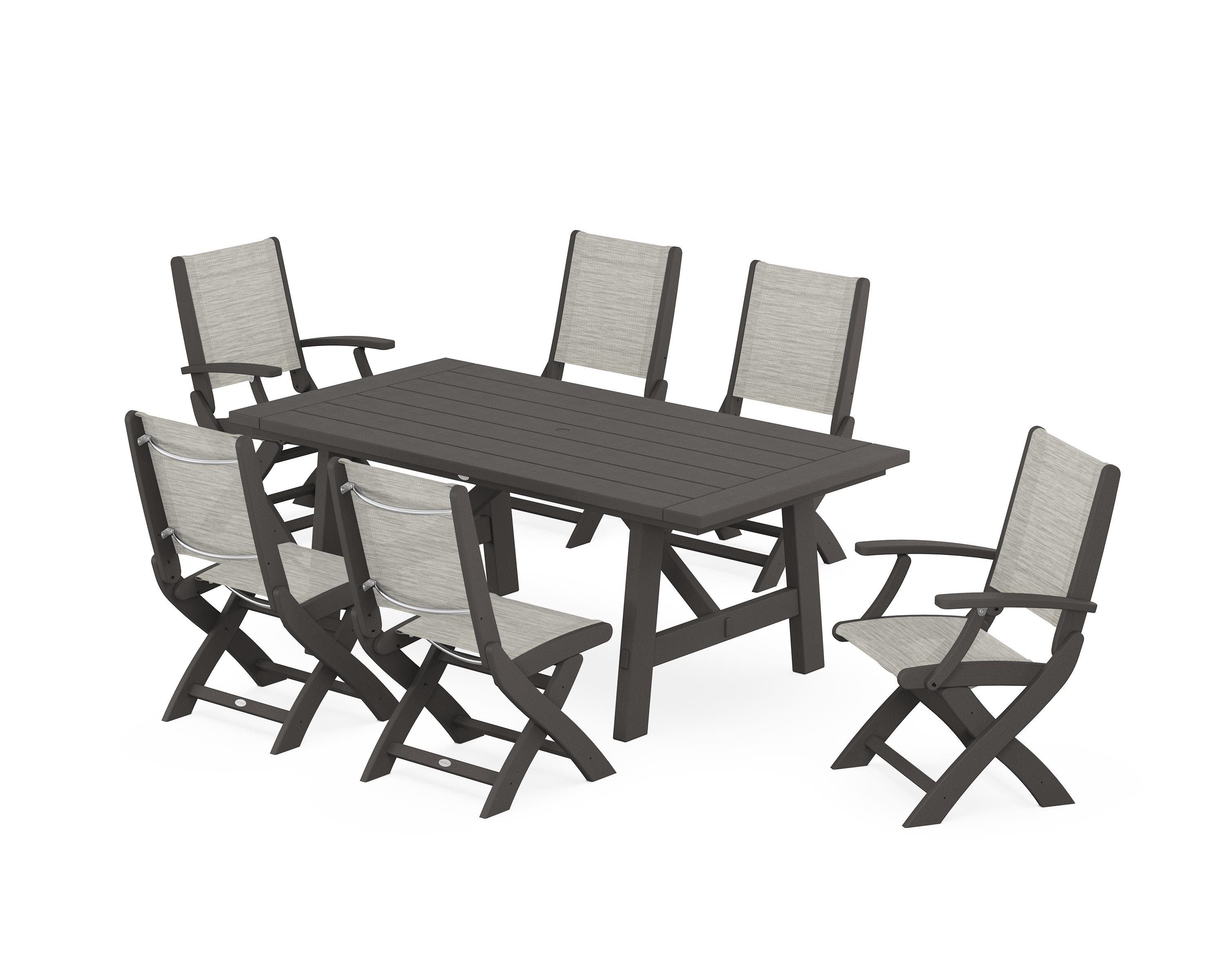 POLYWOOD Coastal Folding Chair 7-Piece Rustic Farmhouse Dining Set in Vintage Coffee / Birch Sling