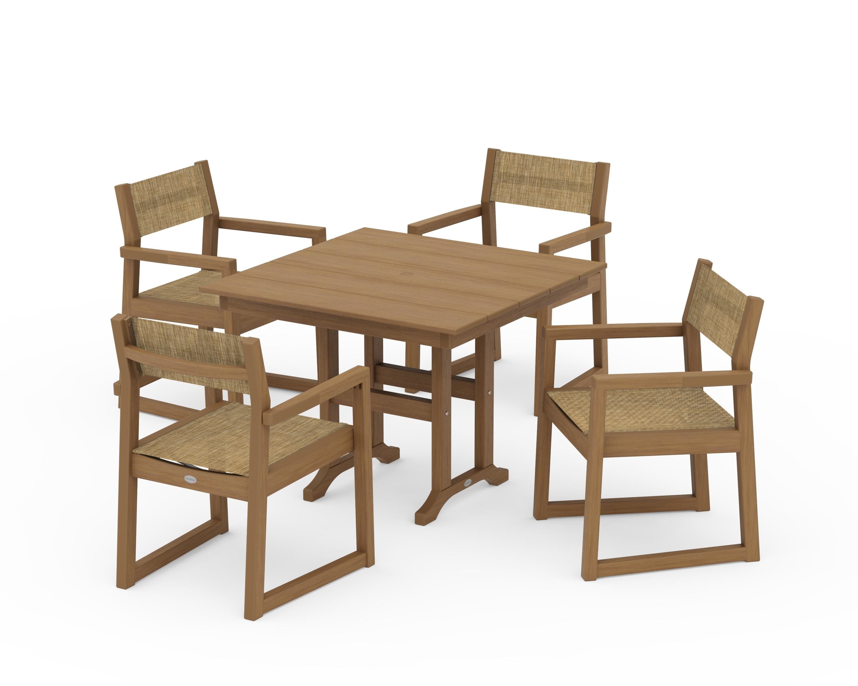 POLYWOOD EDGE Sling Arm Chair 5-Piece Farmhouse Dining Set in Natural / Burlap Sling
