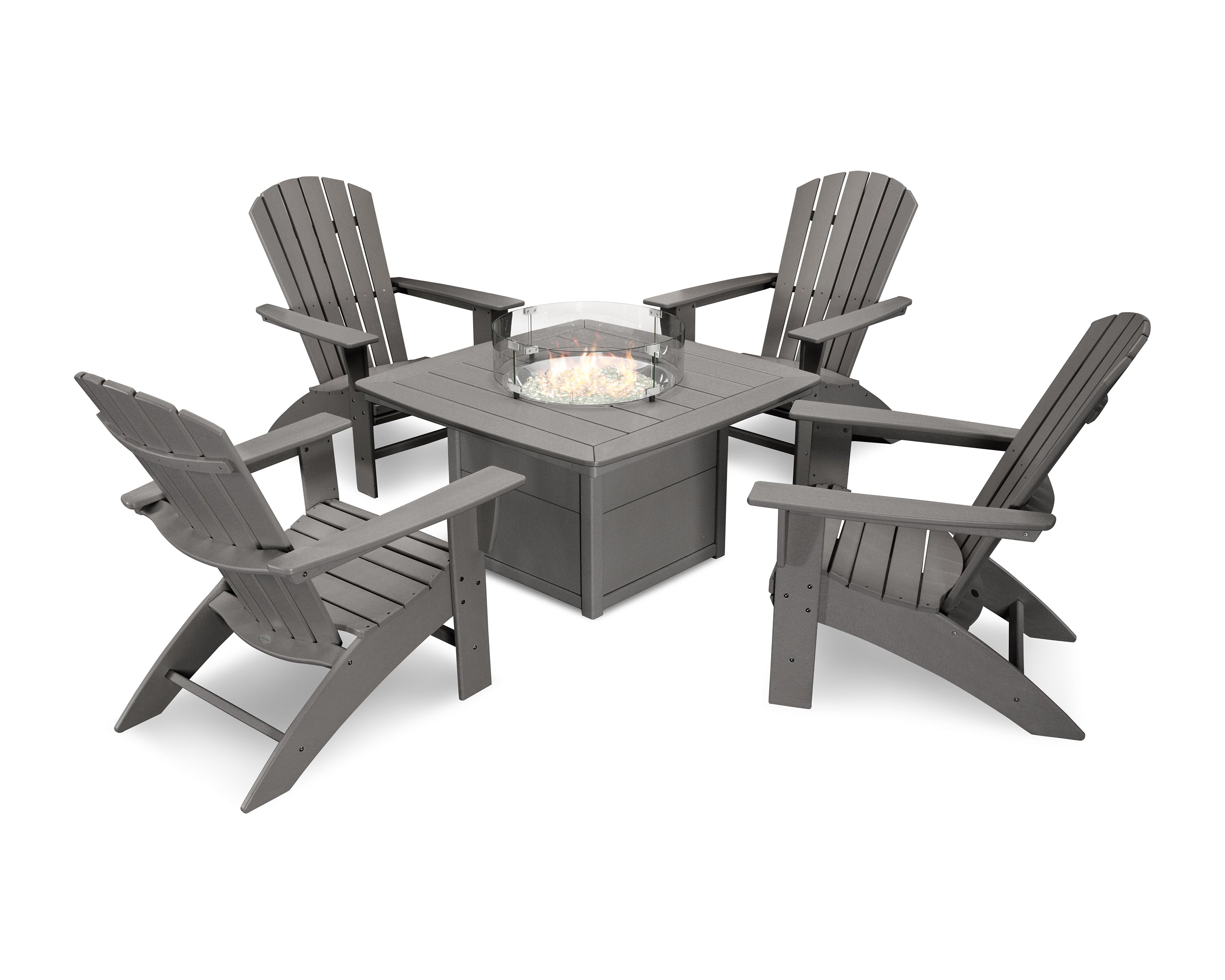 POLYWOOD® Nautical Curveback Adirondack 5-Piece Conversation Set with Fire Pit Table in Slate Grey