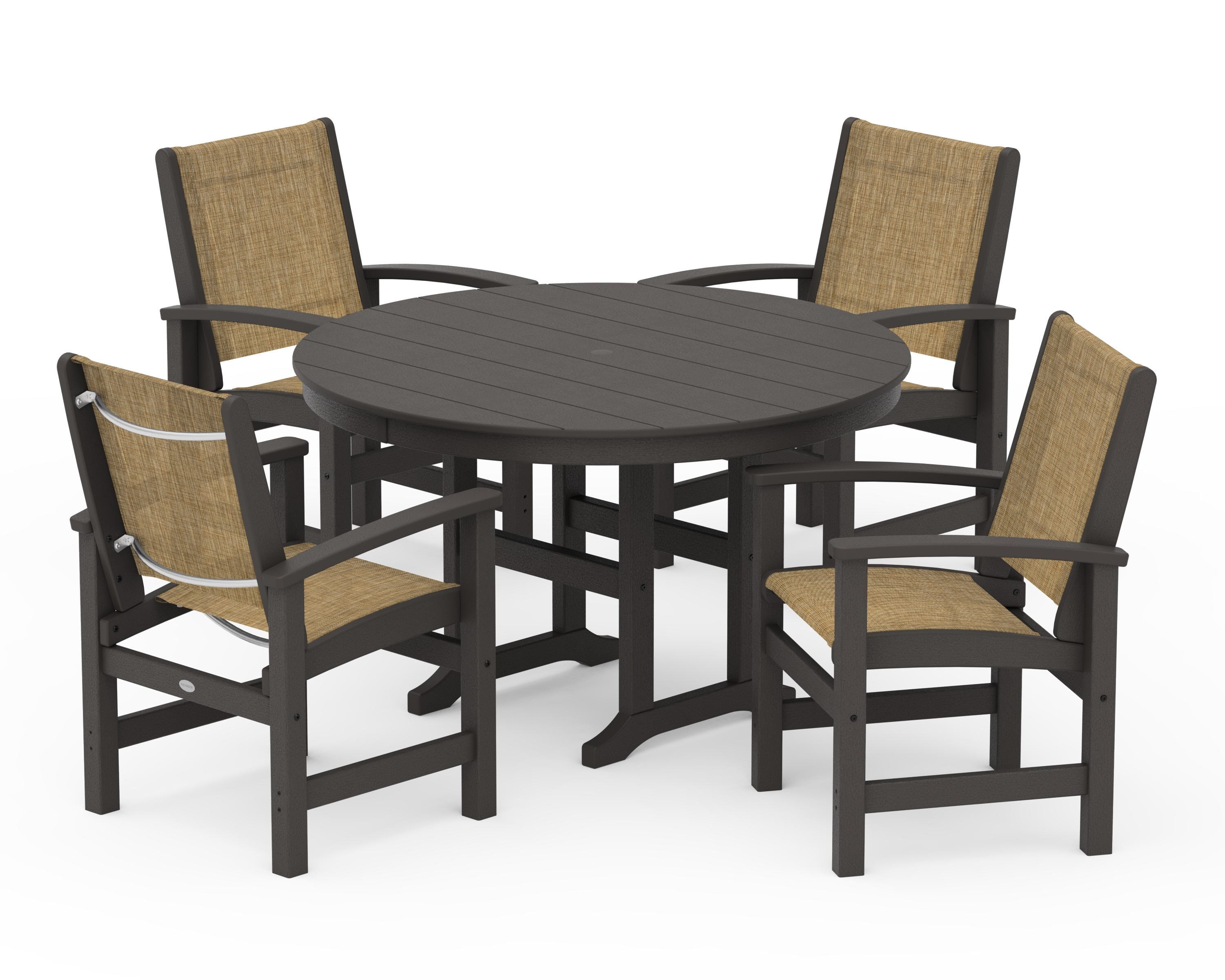 POLYWOOD Coastal 5-Piece Round Farmhouse Dining Set in Vintage Coffee / Burlap Sling