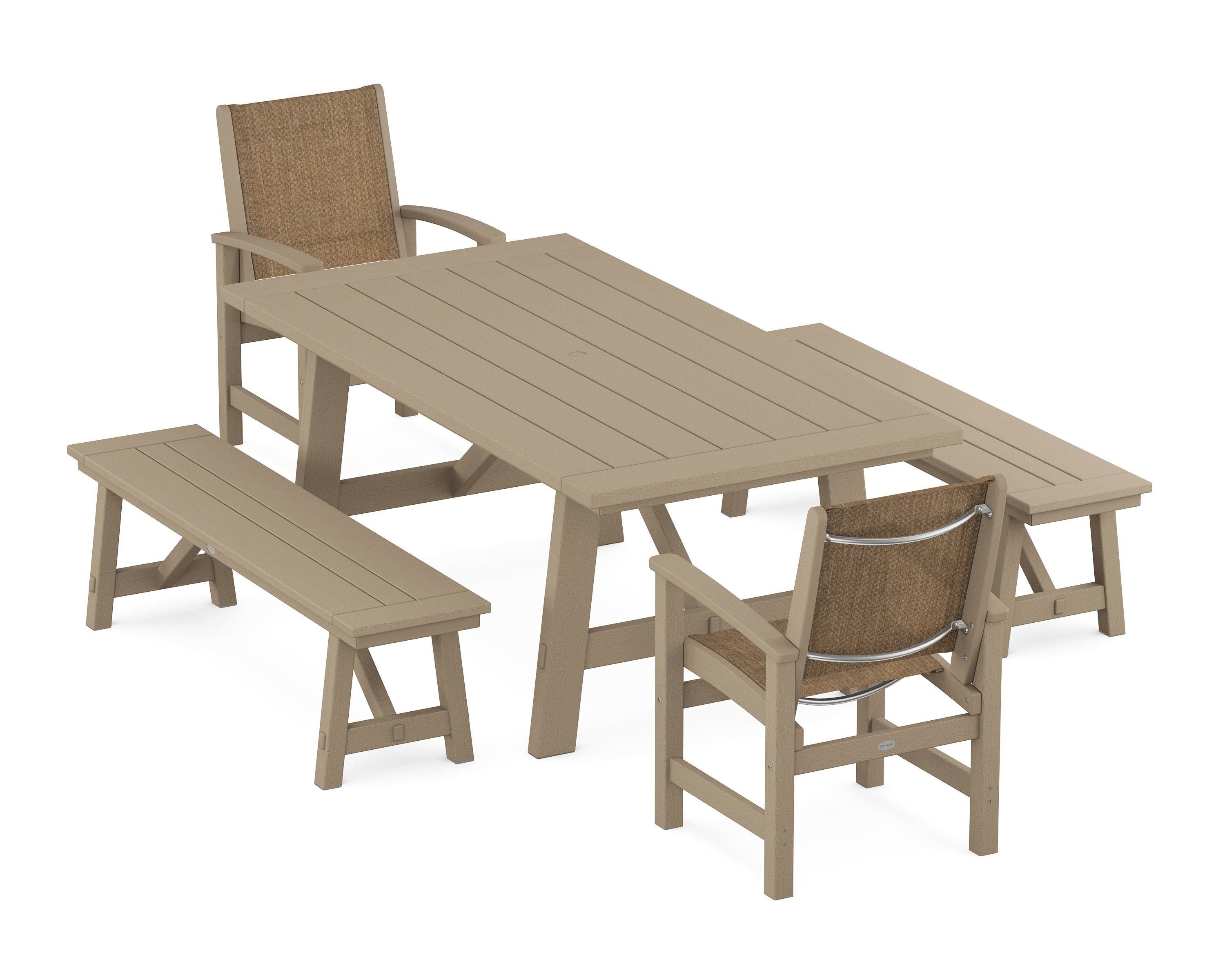 POLYWOOD Coastal 5-Piece Rustic Farmhouse Dining Set With Benches in Vintage Sahara / Burlap Sling