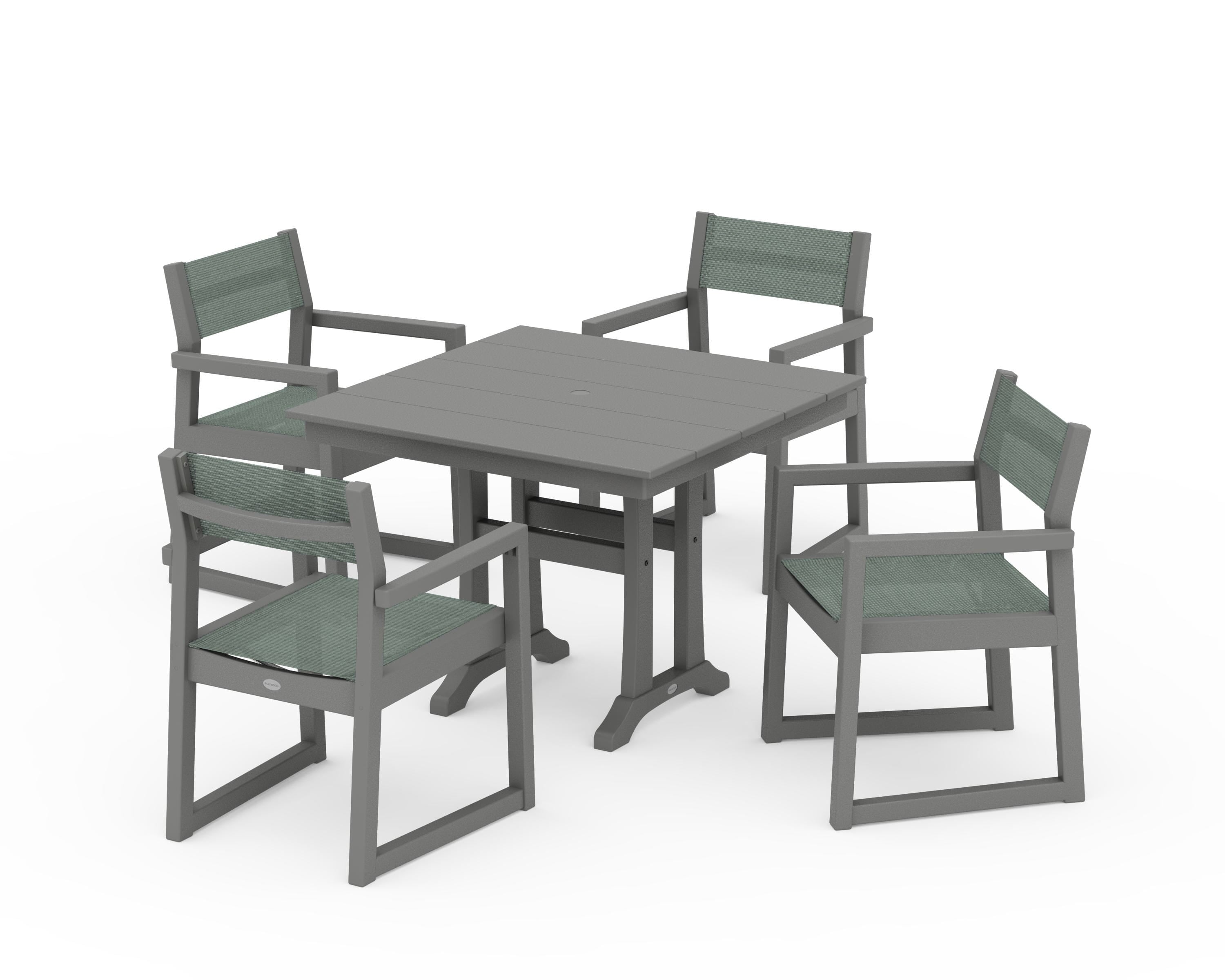 POLYWOOD EDGE Sling 5-Piece Farmhouse Dining Set with Trestle Legs in Slate Grey / Dupioni Sea Mist Sling